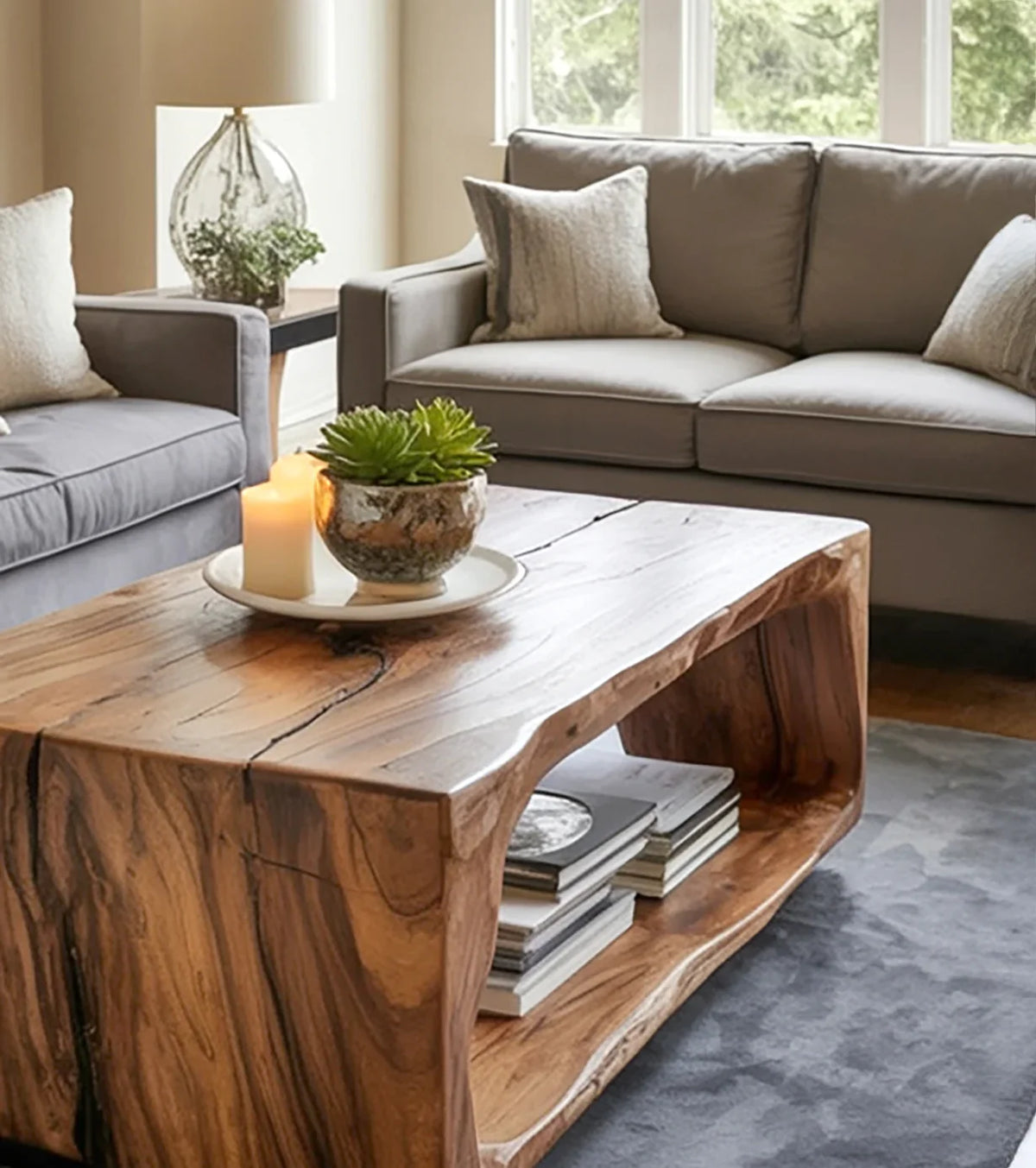 Modern living room with gray sofas, wooden coffee table with succulent and candles, natural light