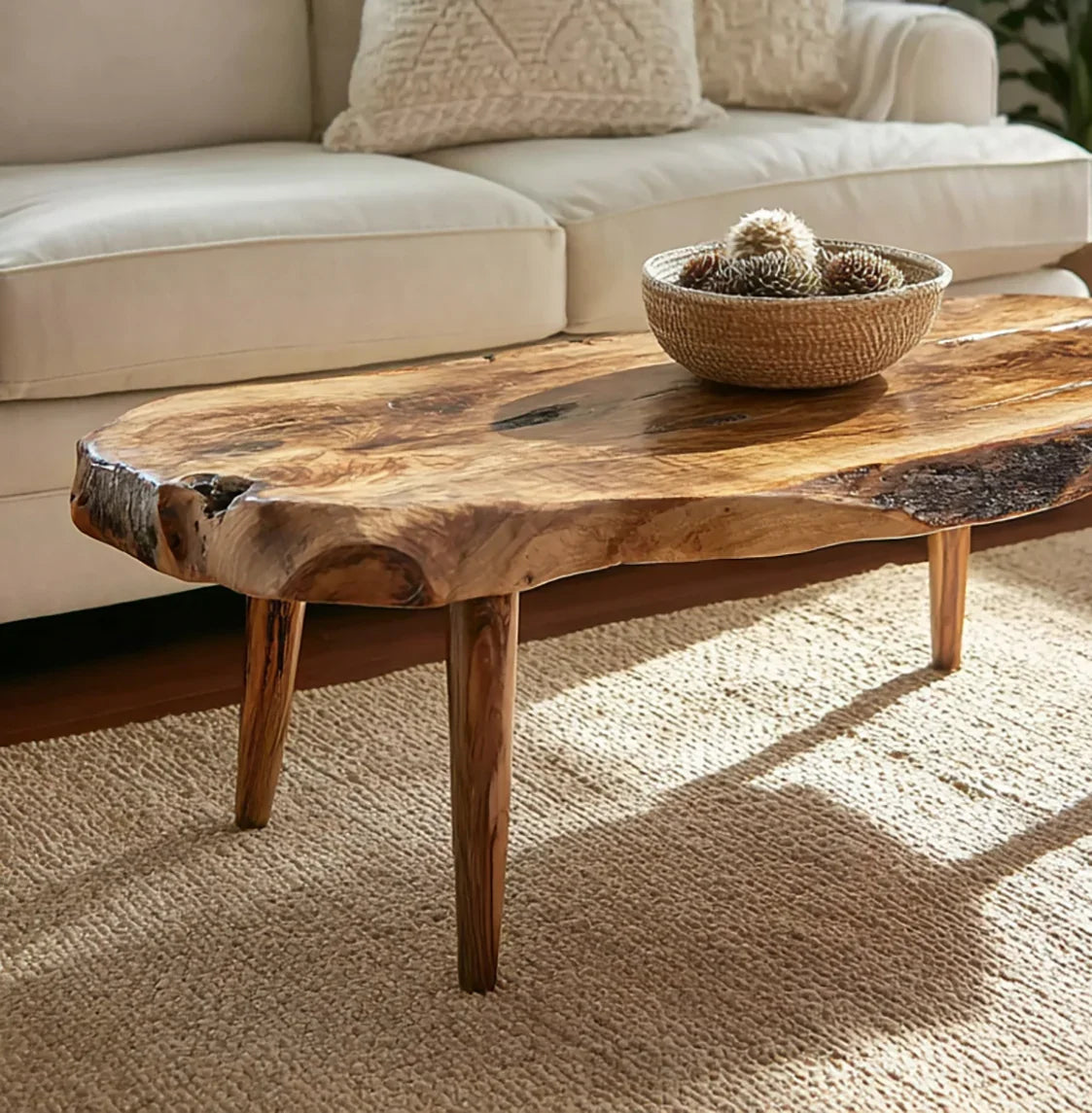 Live edge solid wood coffee table in a cozy living room with neutral decor