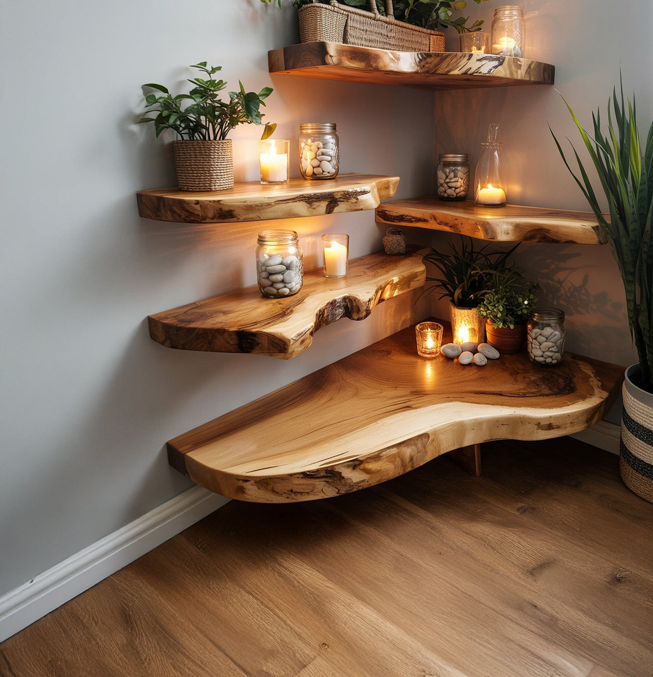 Natural live edge wooden corner shelves decorated with plants, candles, and jars of stones