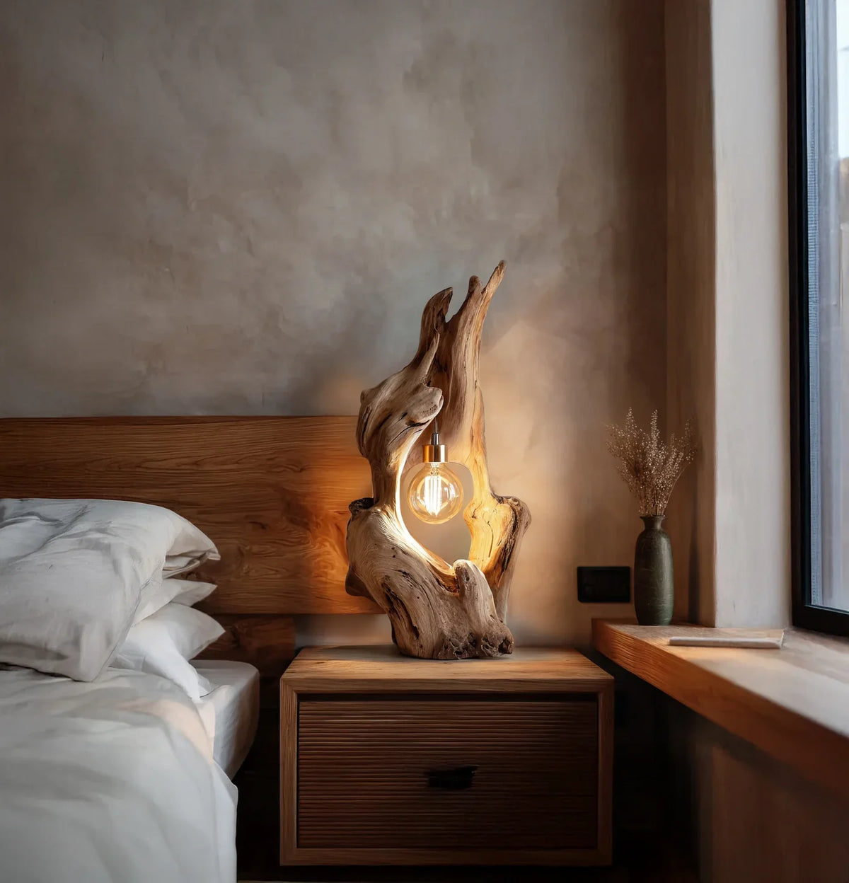 Rustic bedroom with wooden driftwood lamp on nightstand beside cozy bed and window with vase
