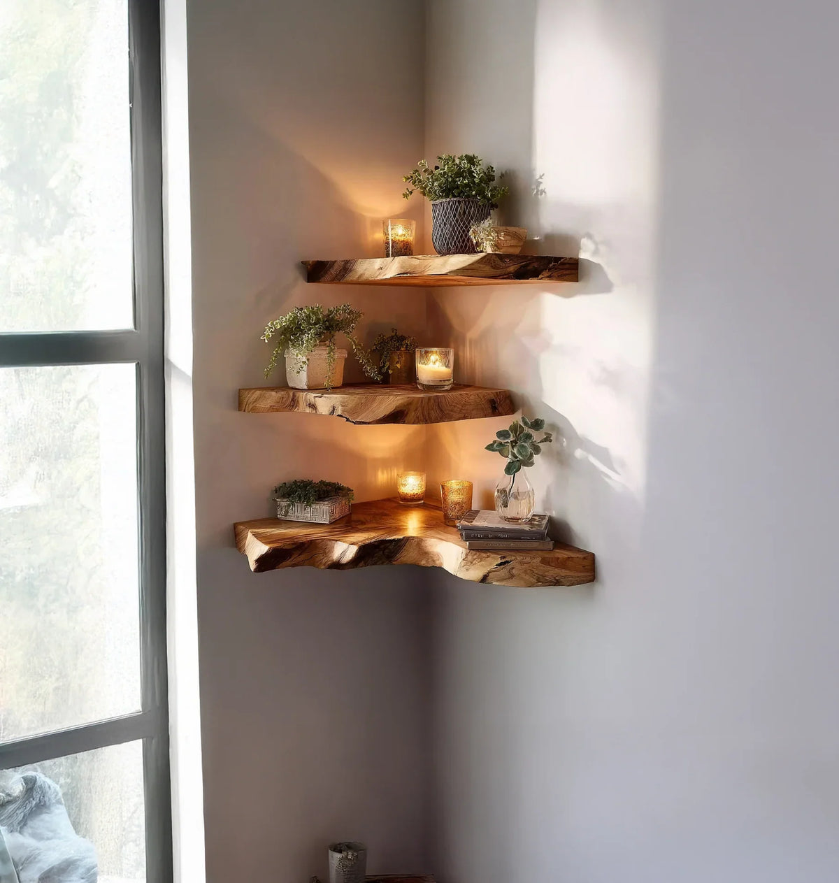 Three rustic wooden corner shelves with potted plants and lit candles by a window