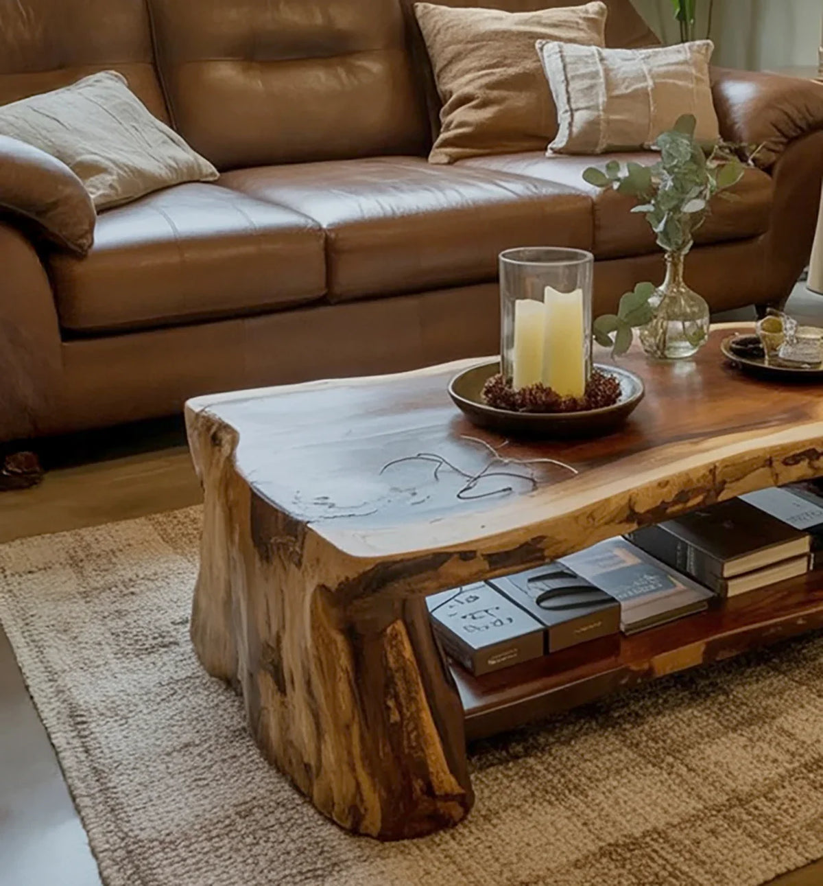 Live edge wooden coffee table with candles and vase in front of brown leather sofa in cozy living room