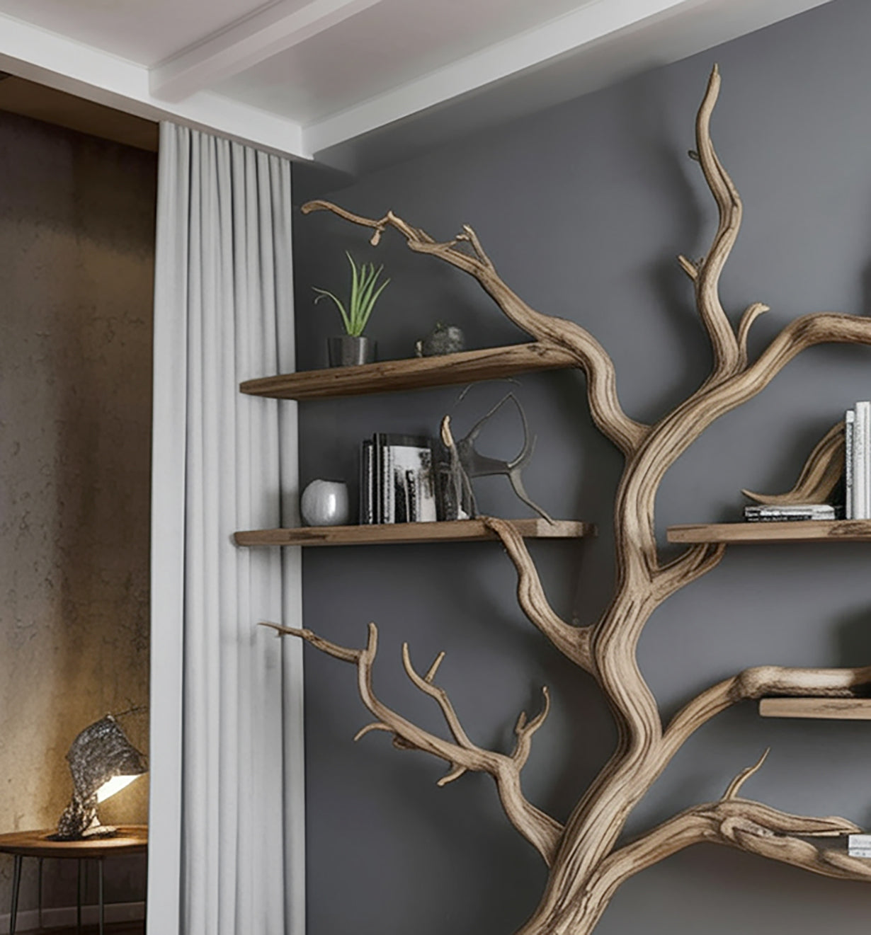 Modern living room with a unique tree-shaped wooden bookshelf and floating shelves.