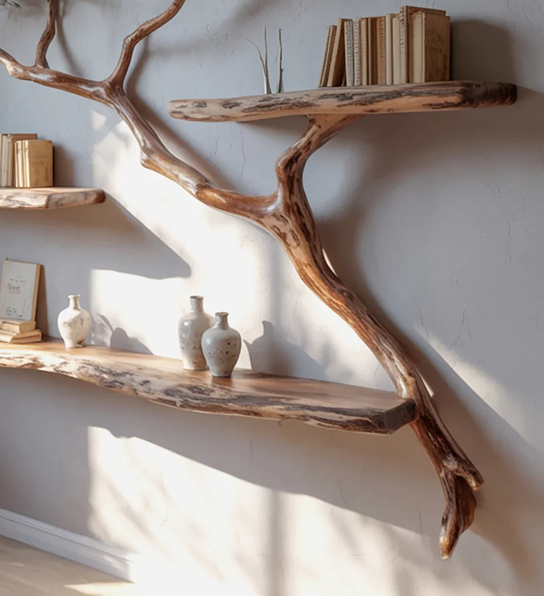 Natural wood wall shelves with rustic branch design holding books and ceramic vases in sunlit room