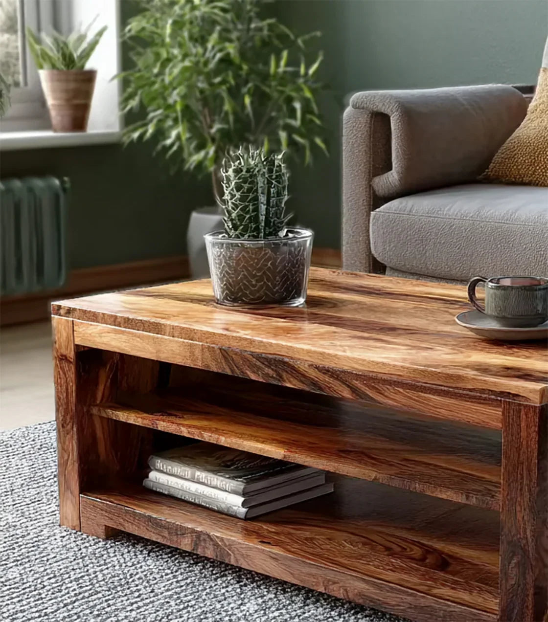 Rustic wooden coffee table with cactus plant and cup set in cozy living room with gray sofa