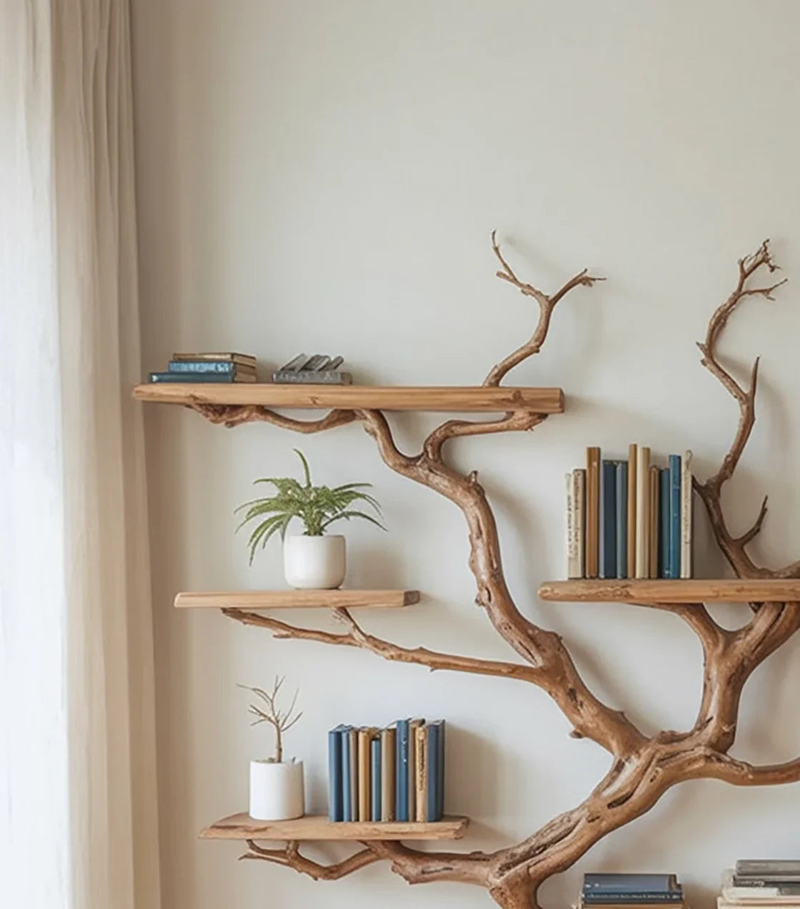 Wall-mounted wooden shelves with natural branch design holding books and potted plants