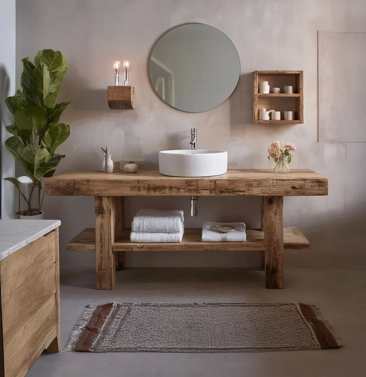 Sustainably crafted solid wood bathroom vanity with vessel sink, round mirror, and rustic decor