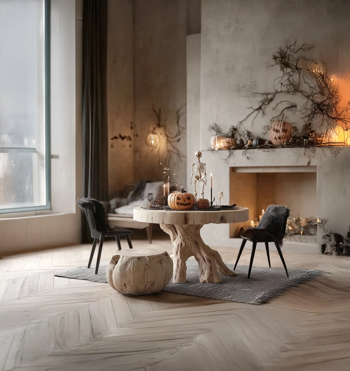 Modern dining room with Halloween decorations including skeleton, pumpkins, candles on rustic wooden table
