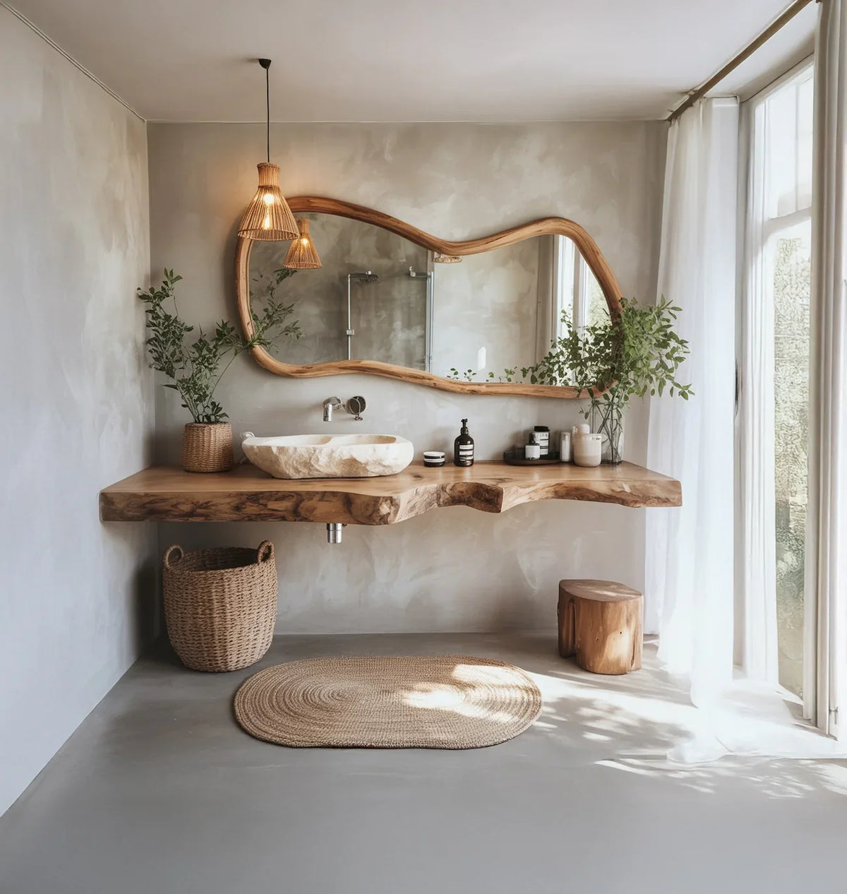 Modern bathroom with live edge wood vanity, stone sink, organic decor, large window, and natural light