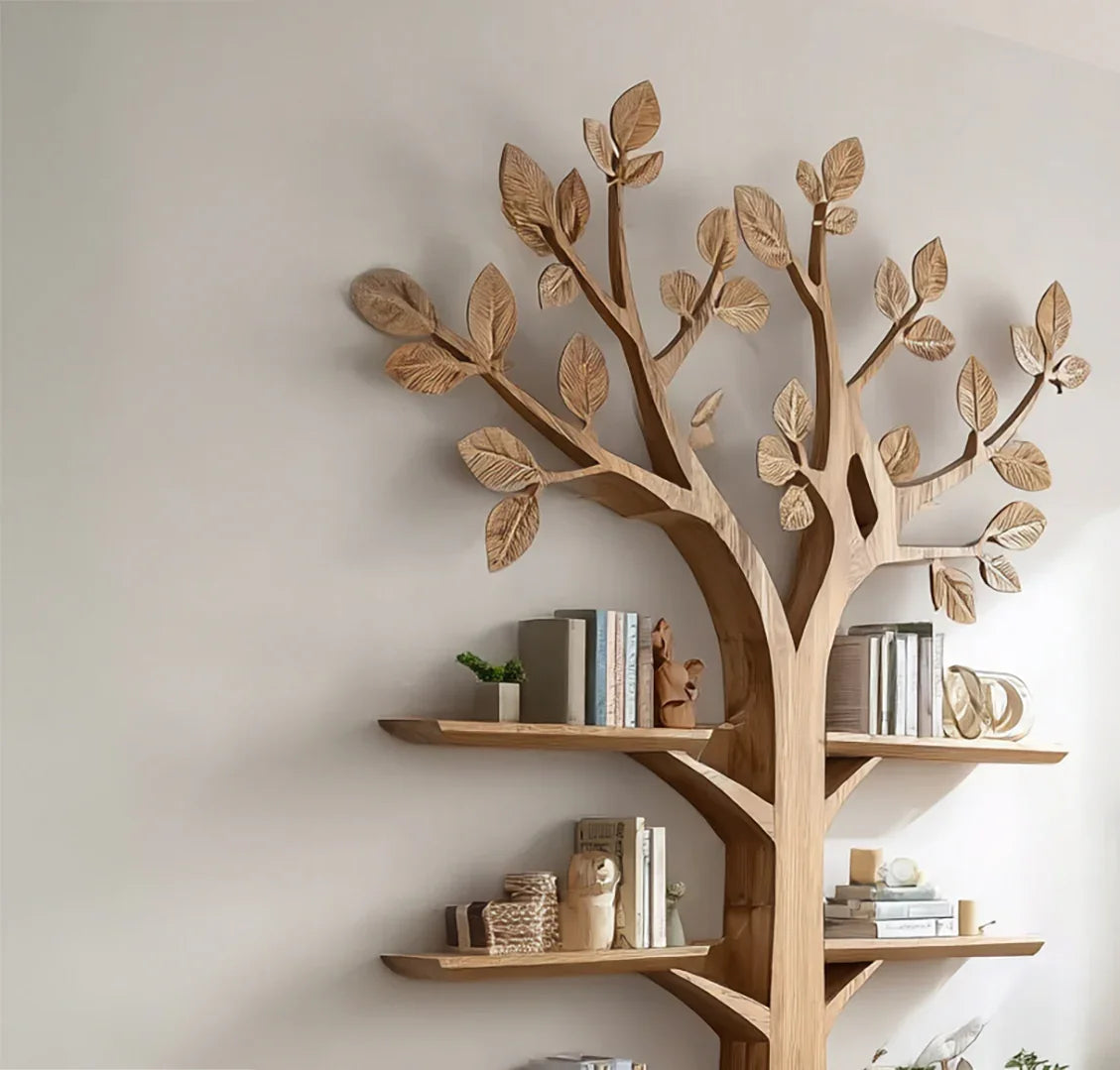 Wooden tree-shaped bookshelf with carved leaves holding books and small decorative items on neutral wall