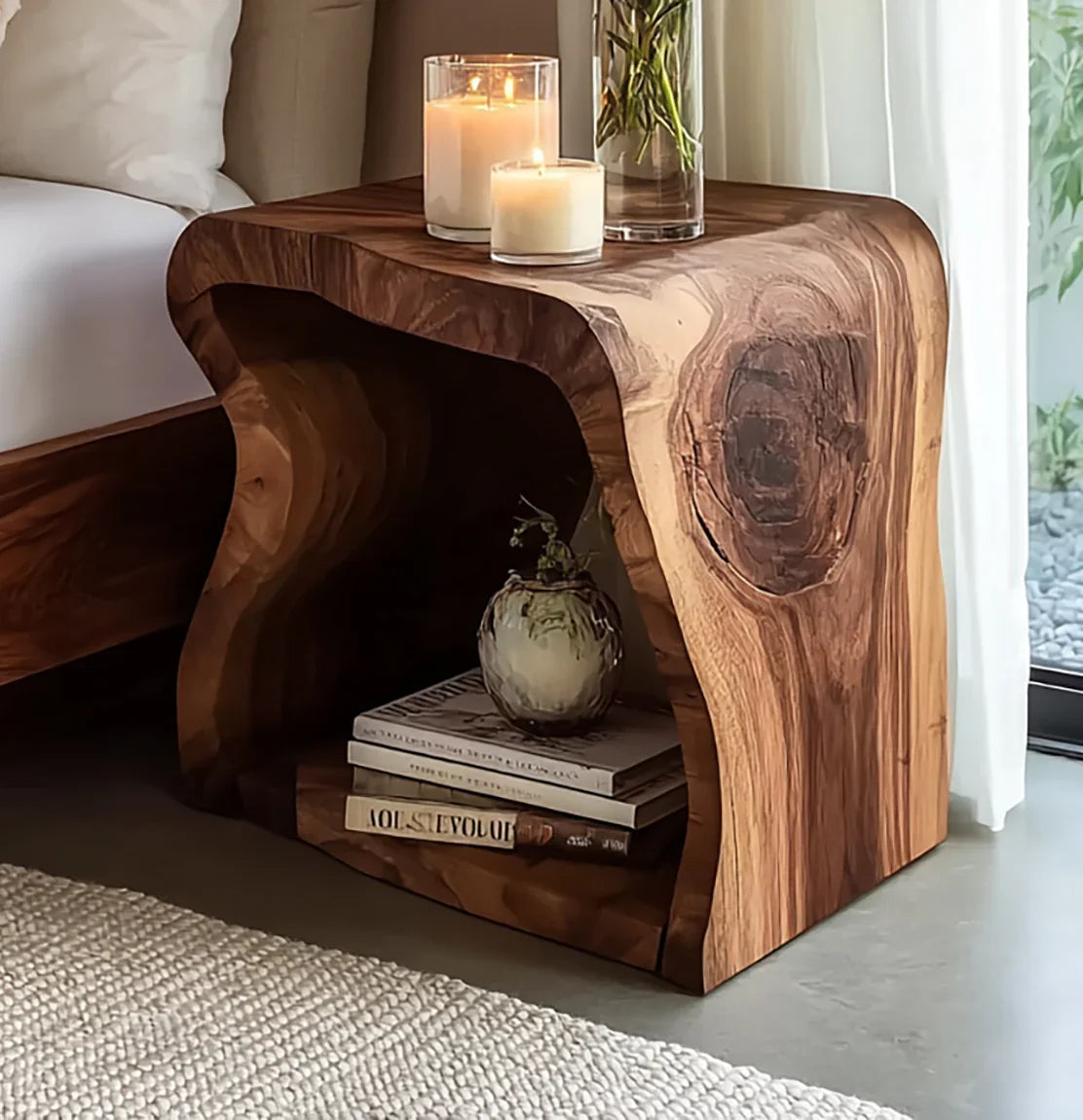 Live edge solid wood nightstand with natural grain, open shelf, candles, and books in a bedroom