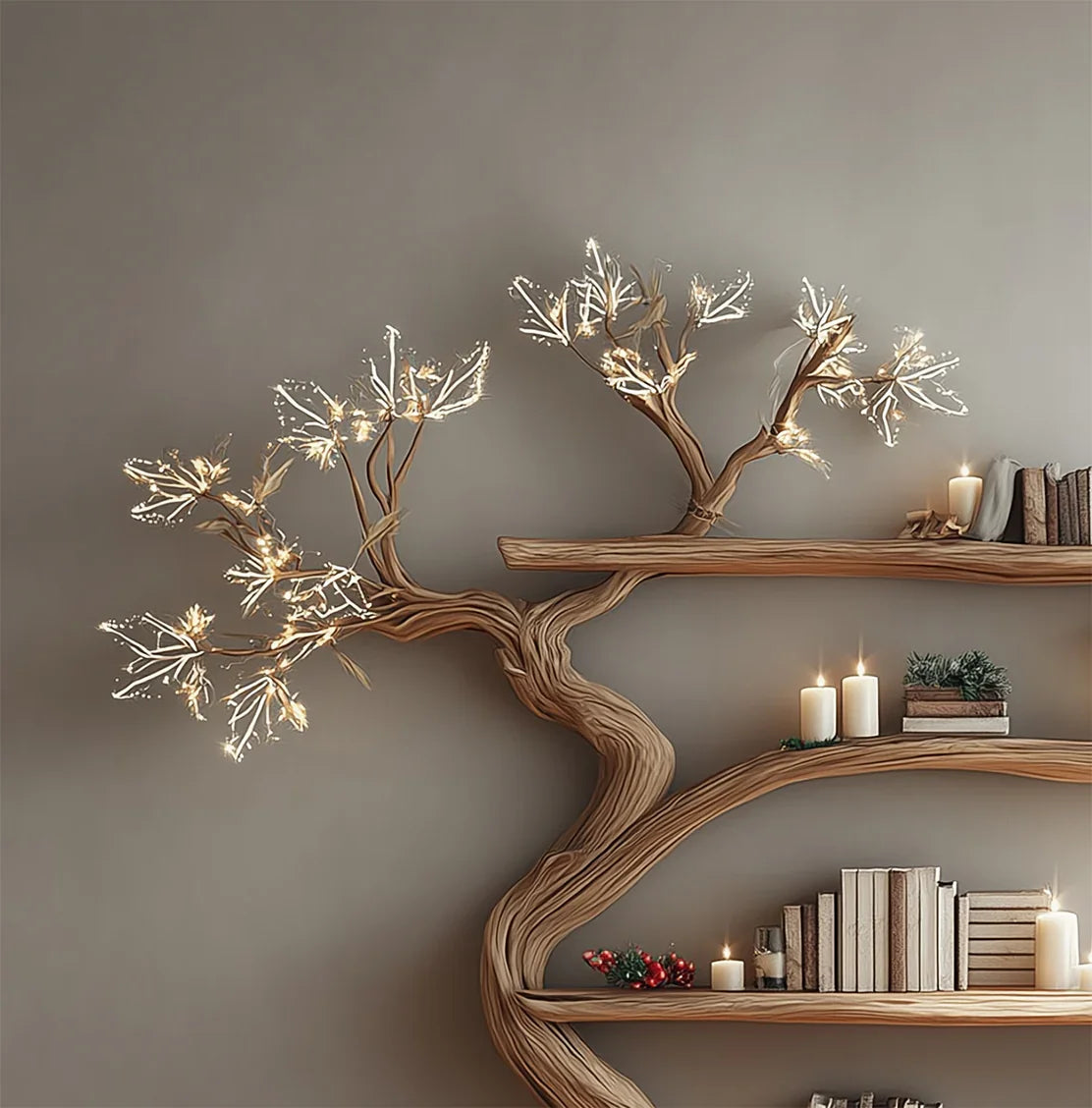 Wooden tree branch wall shelves decorated with glowing fairy lights, candles, books, and holiday berries