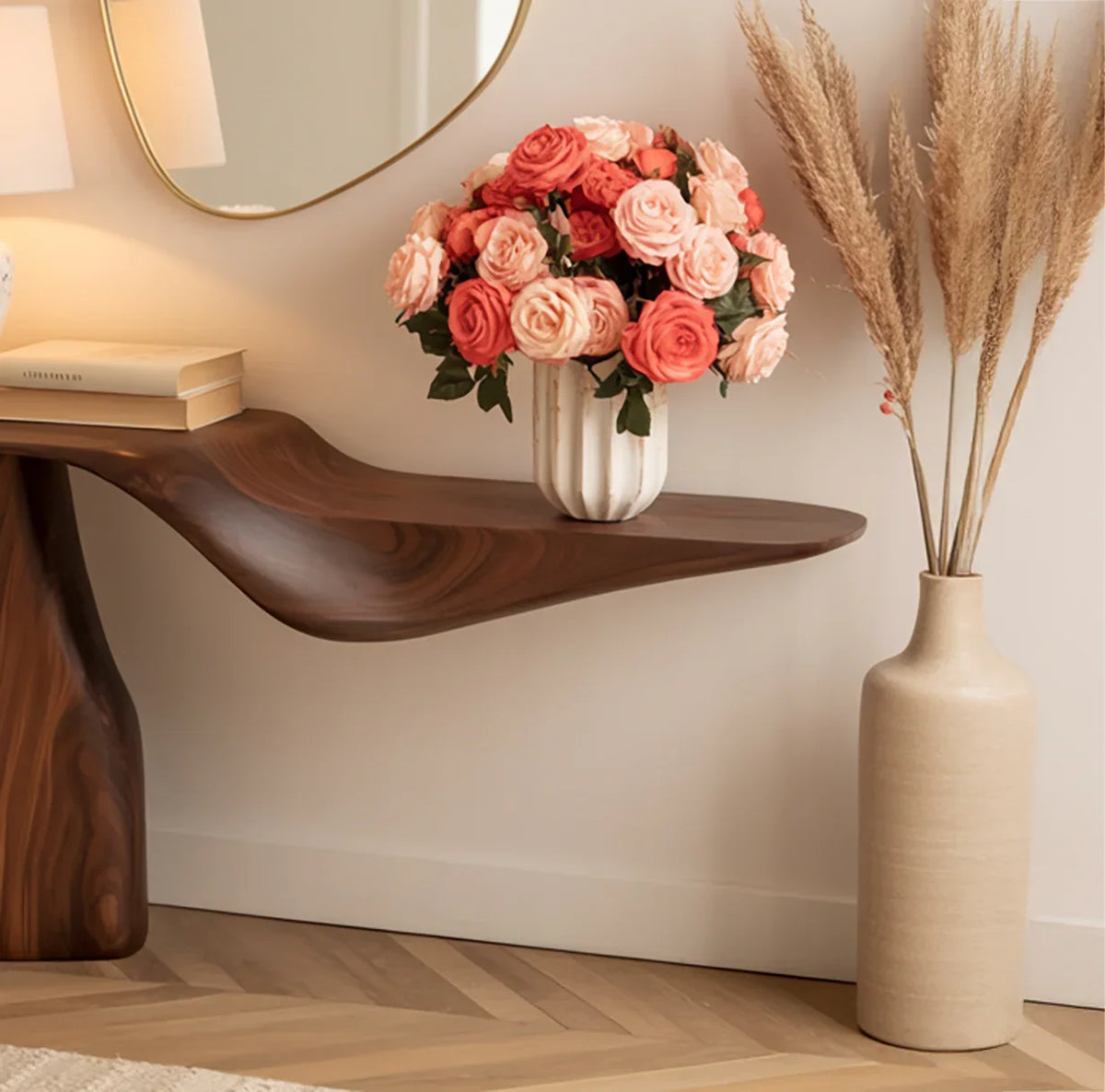 Live edge solid wood floating shelf with vase of roses and pampas grass in modern interior