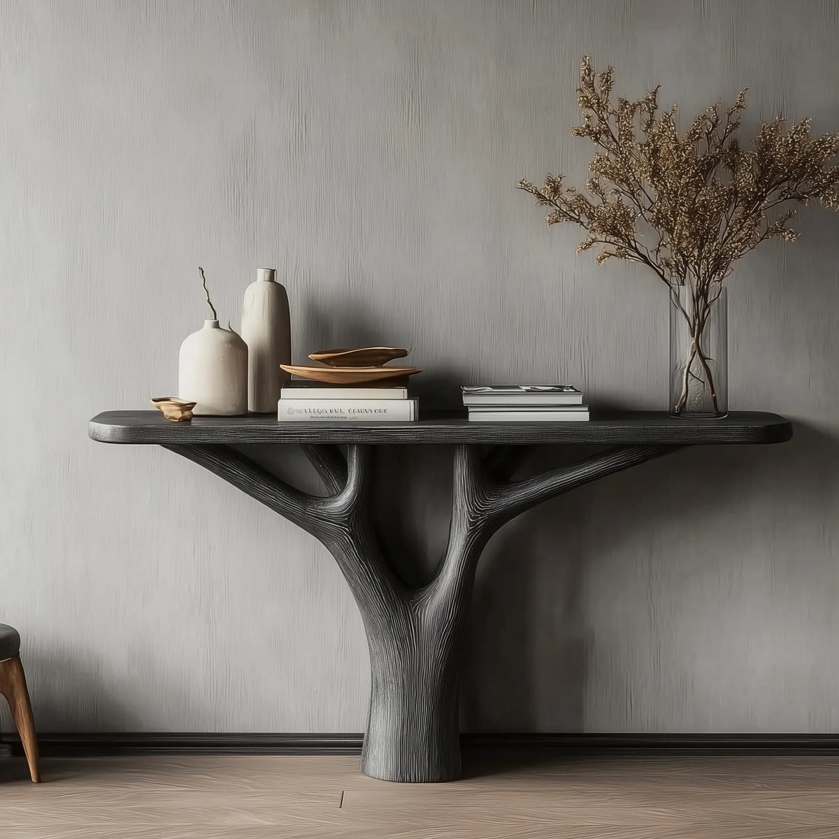 Contemporary black wooden console table with tree-branch base, decorated with vases, books, and dried flowers