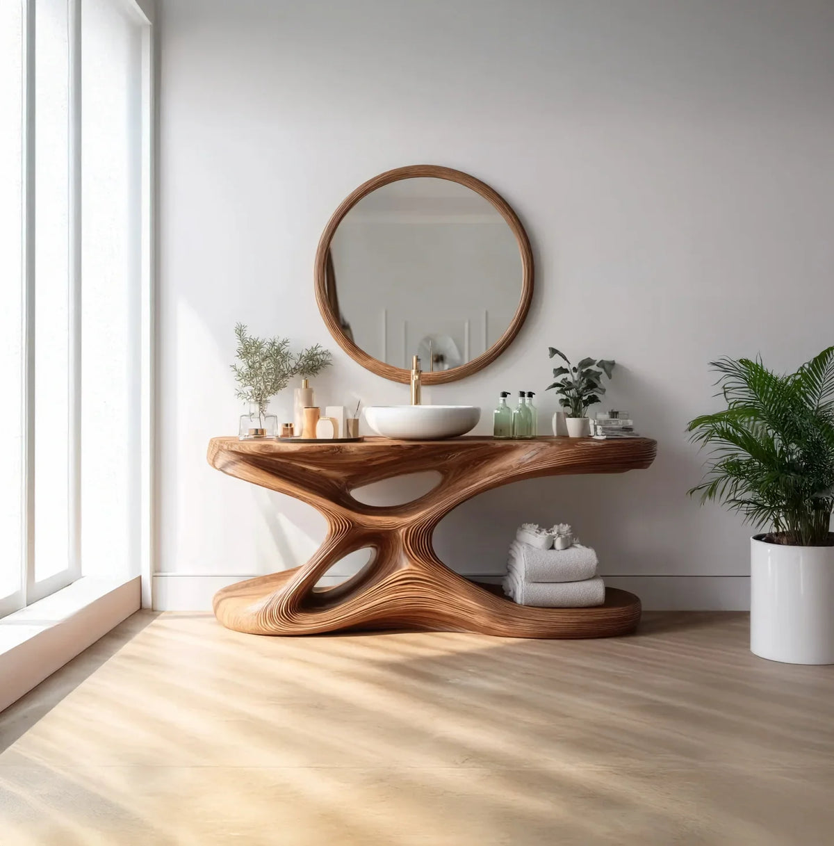 Modern bathroom with sculptural wooden vanity, round mirror, white vessel sink, and potted plants