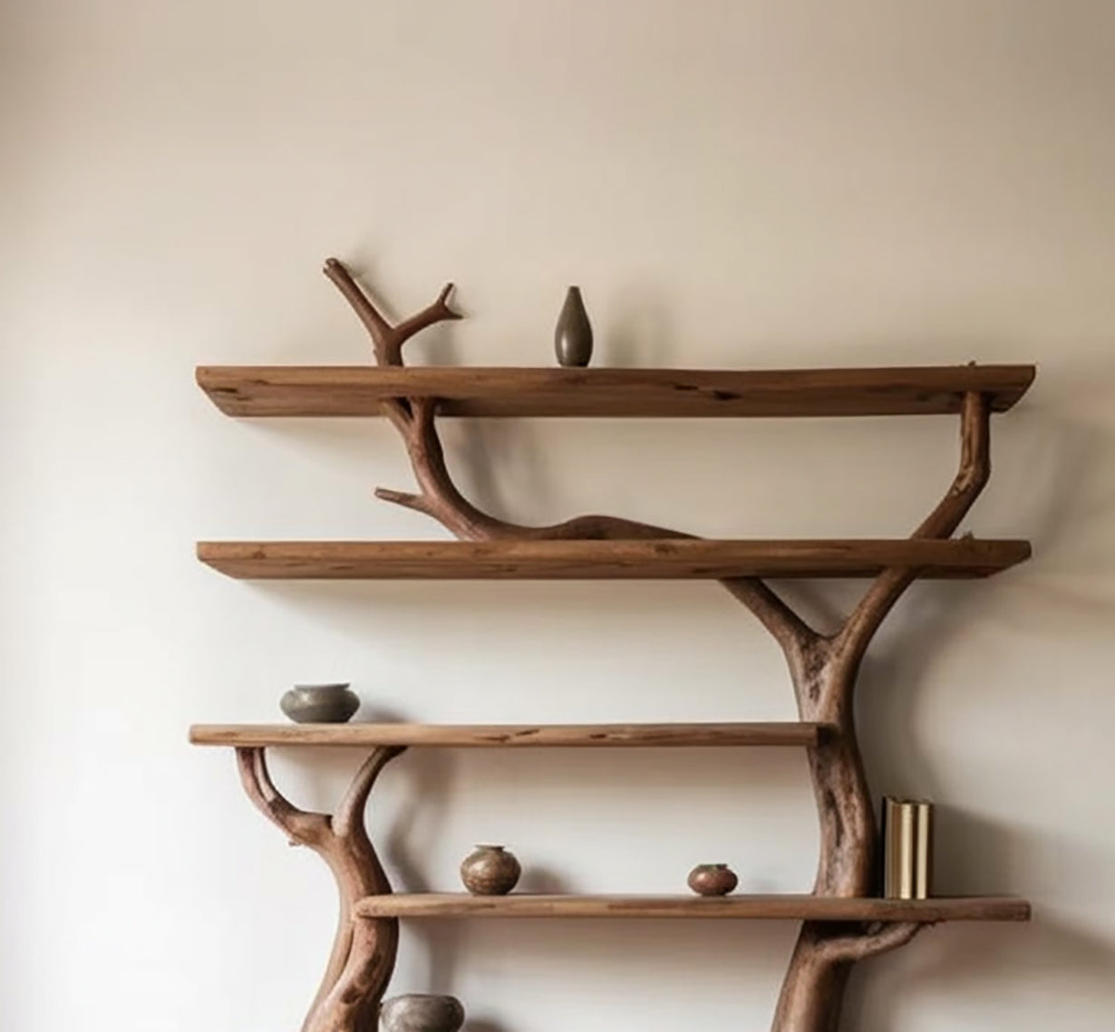 Solid wood tree bookshelf with live edge shelves and minimalist decor against a neutral wall.