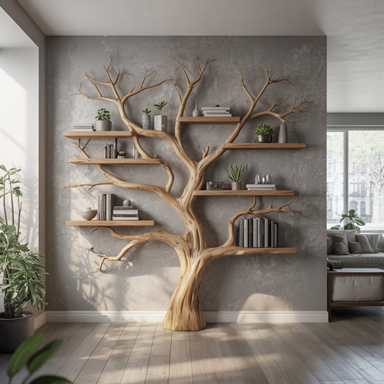 Tree-shaped solid wood bookshelf with live edge floating shelves in modern living room