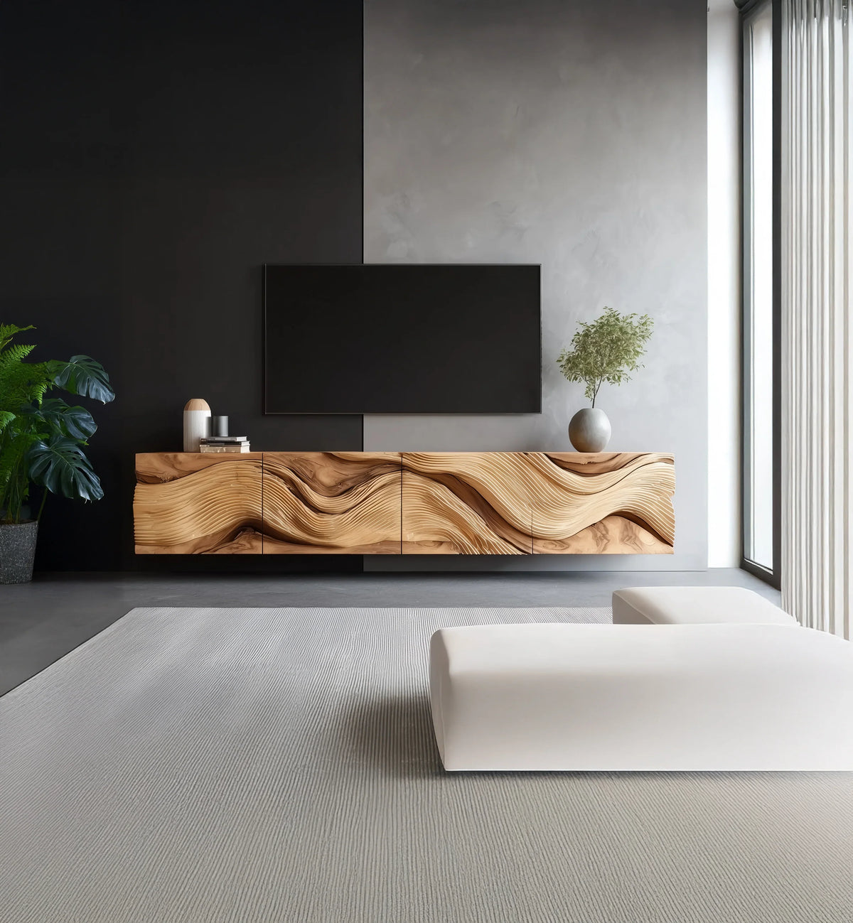 Modern living room with a sculpted wave solid wood floating TV console, minimalist decor, and natural light.