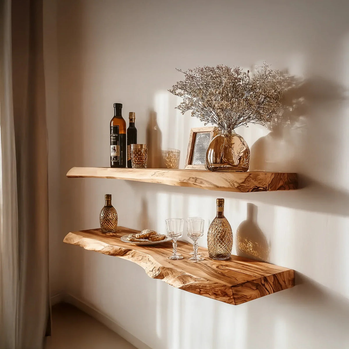 Rustic wooden floating shelves with glass bottles, dried flowers in vase, and cookies plate in cozy room
