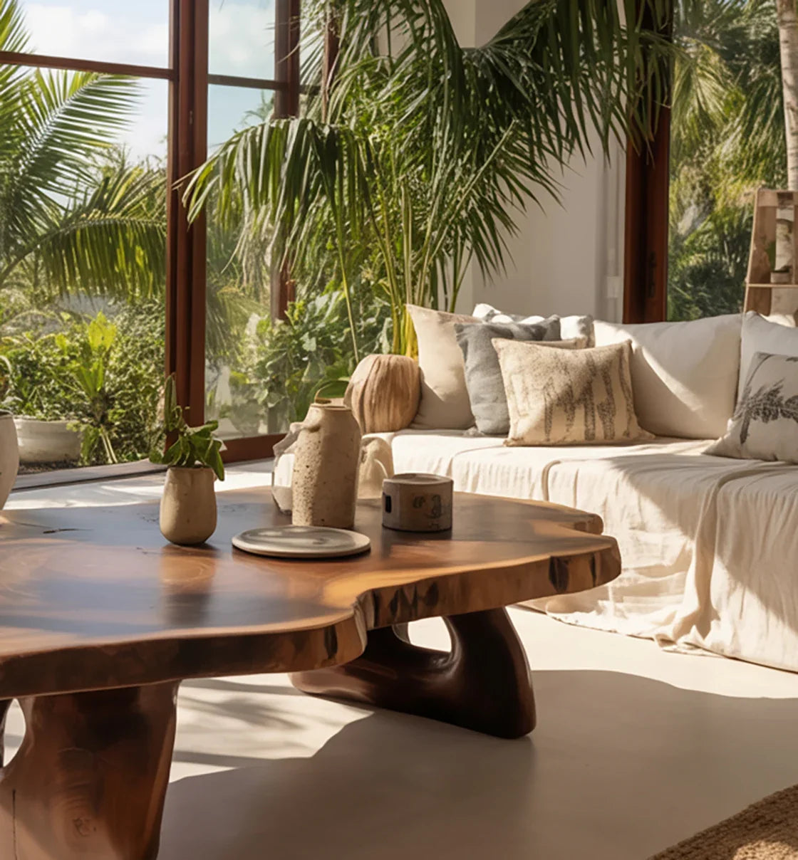 Modern living room with white sofa, decorative pillows, large wooden coffee table, indoor plants, and large windows