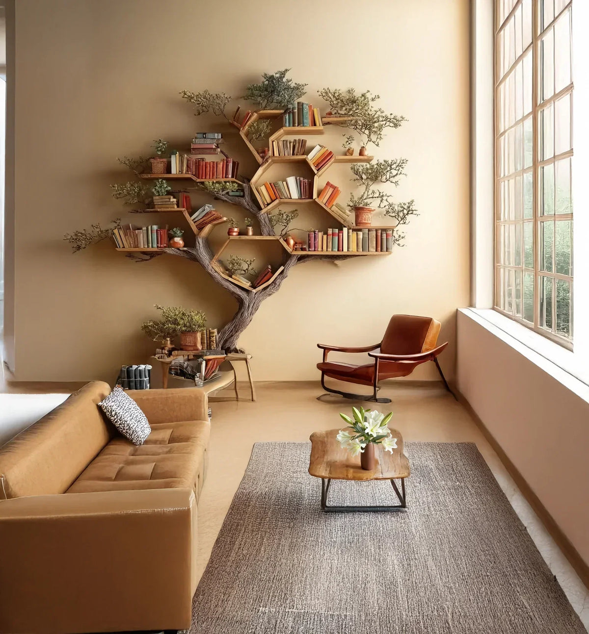Modern living room with tree-shaped bookshelf, live edge coffee table, and mid-century armchair