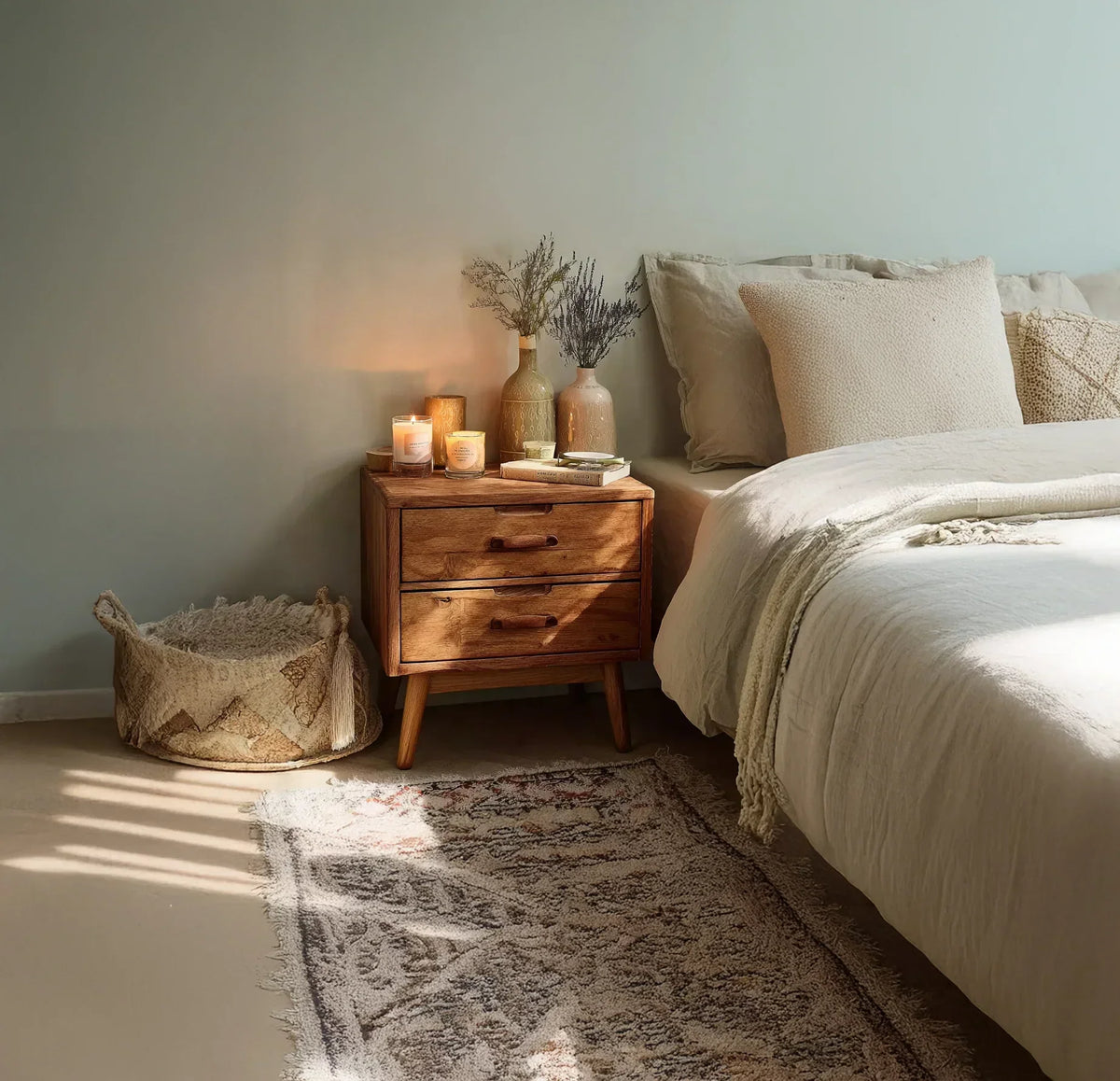 Solid wood nightstand with candles and vases beside a cream bed in a cozy bedroom