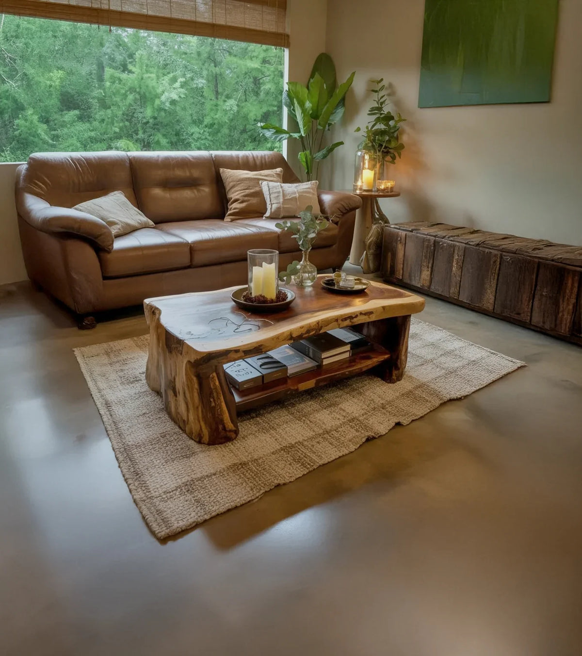 Cozy living room with brown leather sofa, rustic wood coffee table, and greenery by large window