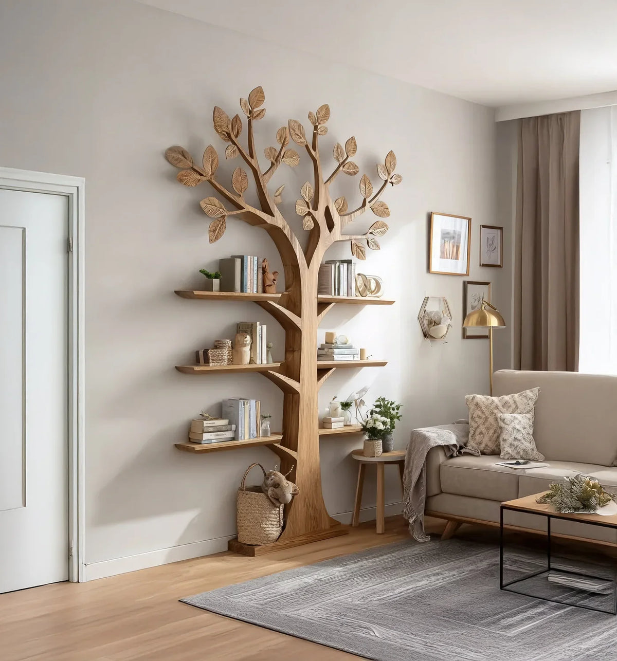 Living room with wooden tree-shaped bookshelf, beige sofa, gold floor lamp, and neutral decor