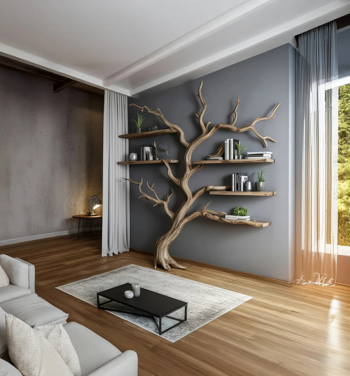 Live edge tree bookshelf with floating wooden shelves in modern living room