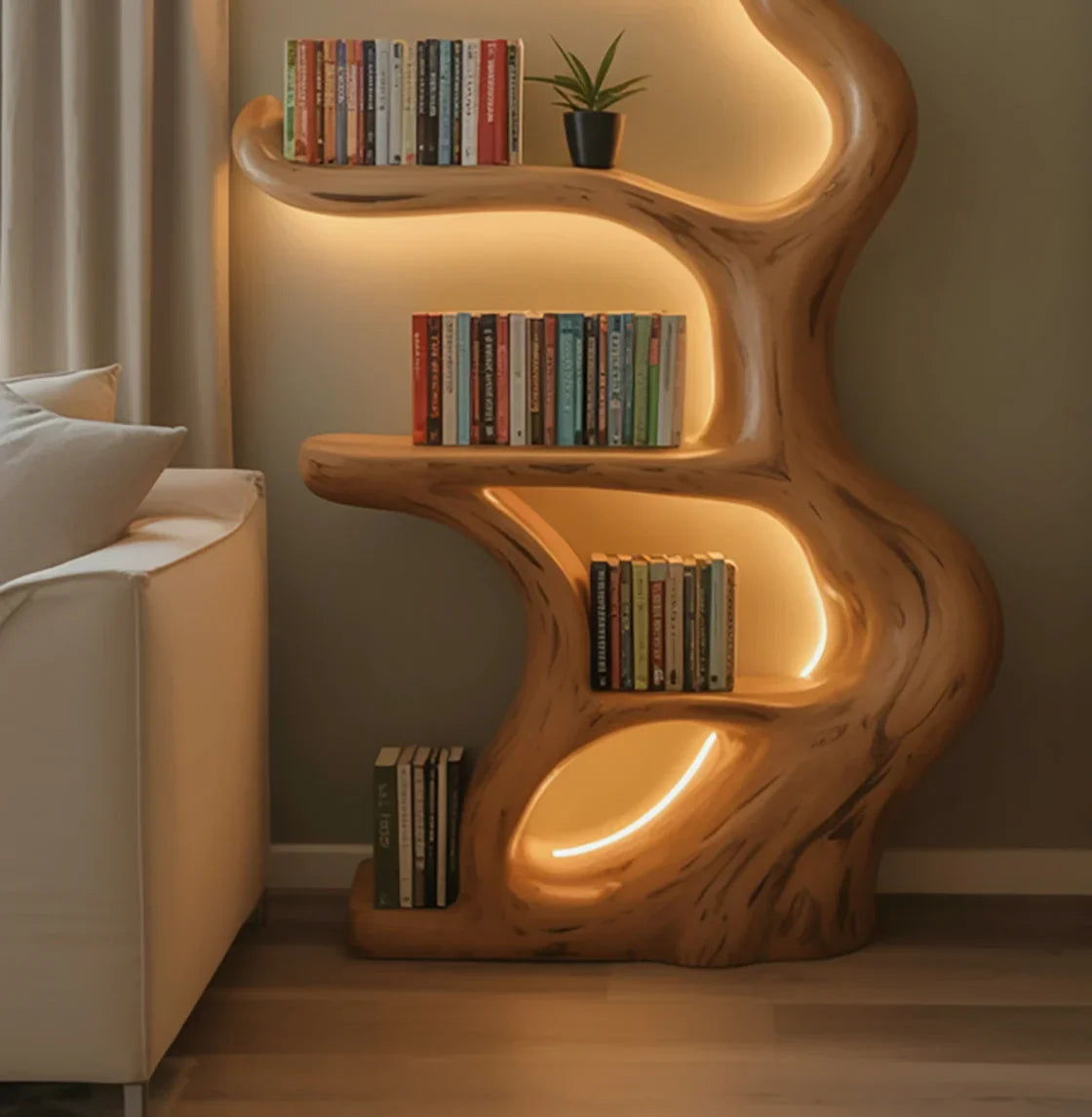 Curved wooden bookshelf with built-in warm LED lighting holding colorful books next to white sofa