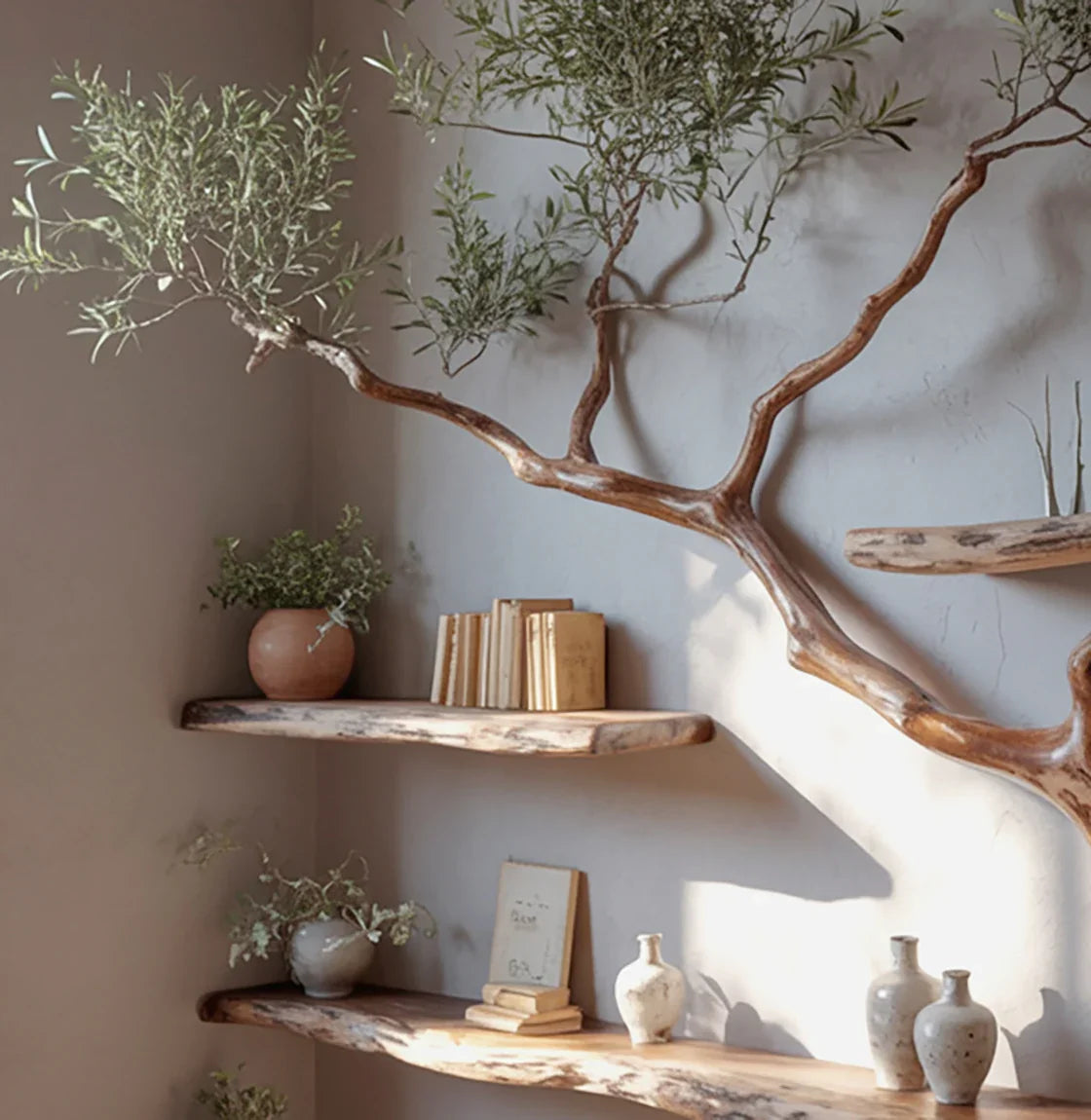 Rustic wooden shelves with potted plants, vintage books, and ceramic vases in cozy natural light