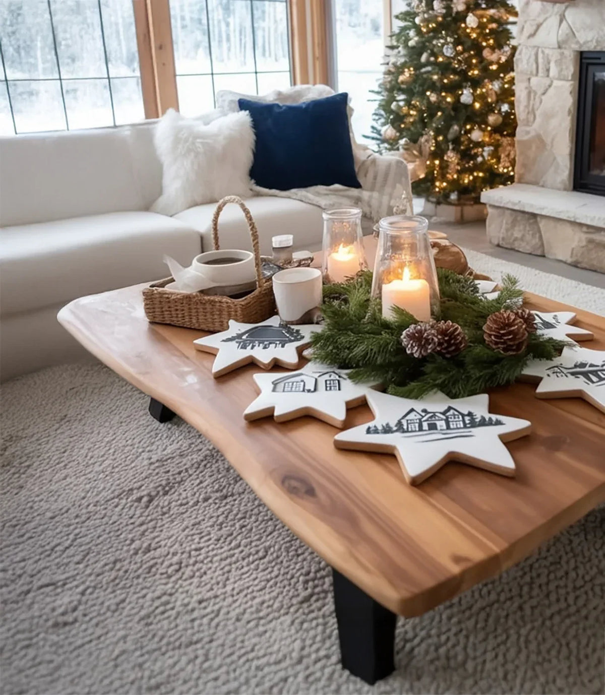 Cozy living room with wooden coffee table decorated with star-shaped cookies, candles, and pine centerpiece near Christmas tree