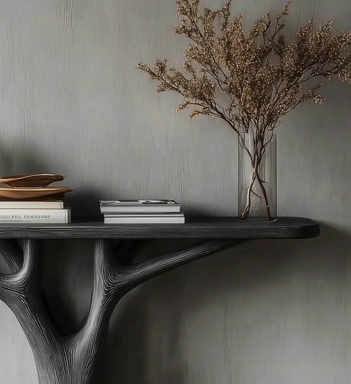 Modern black console table with artistic wood texture, decorative dried branches in glass vase, and stacked books