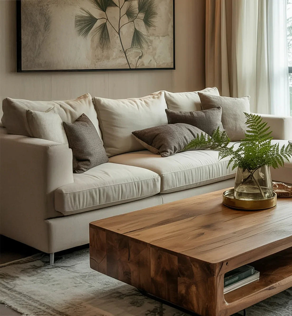 Modern living room with beige sofa, brown cushions, wooden coffee table, and green fern in glass vase