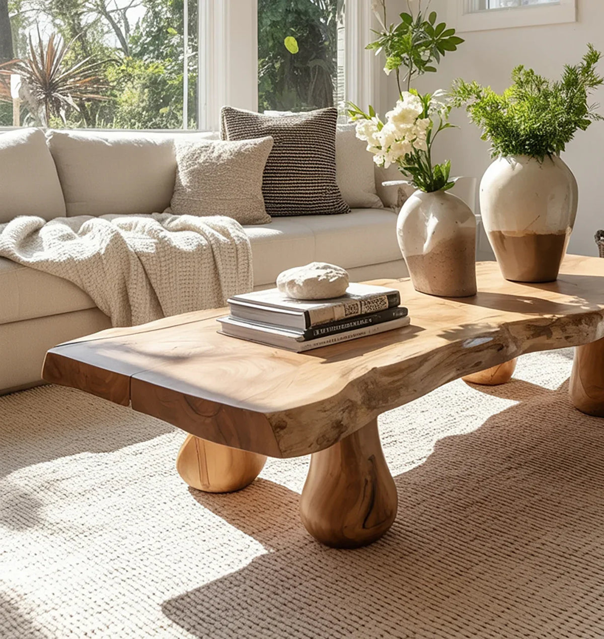Live edge solid wood coffee table in a sunlit living room, styled with vases and books