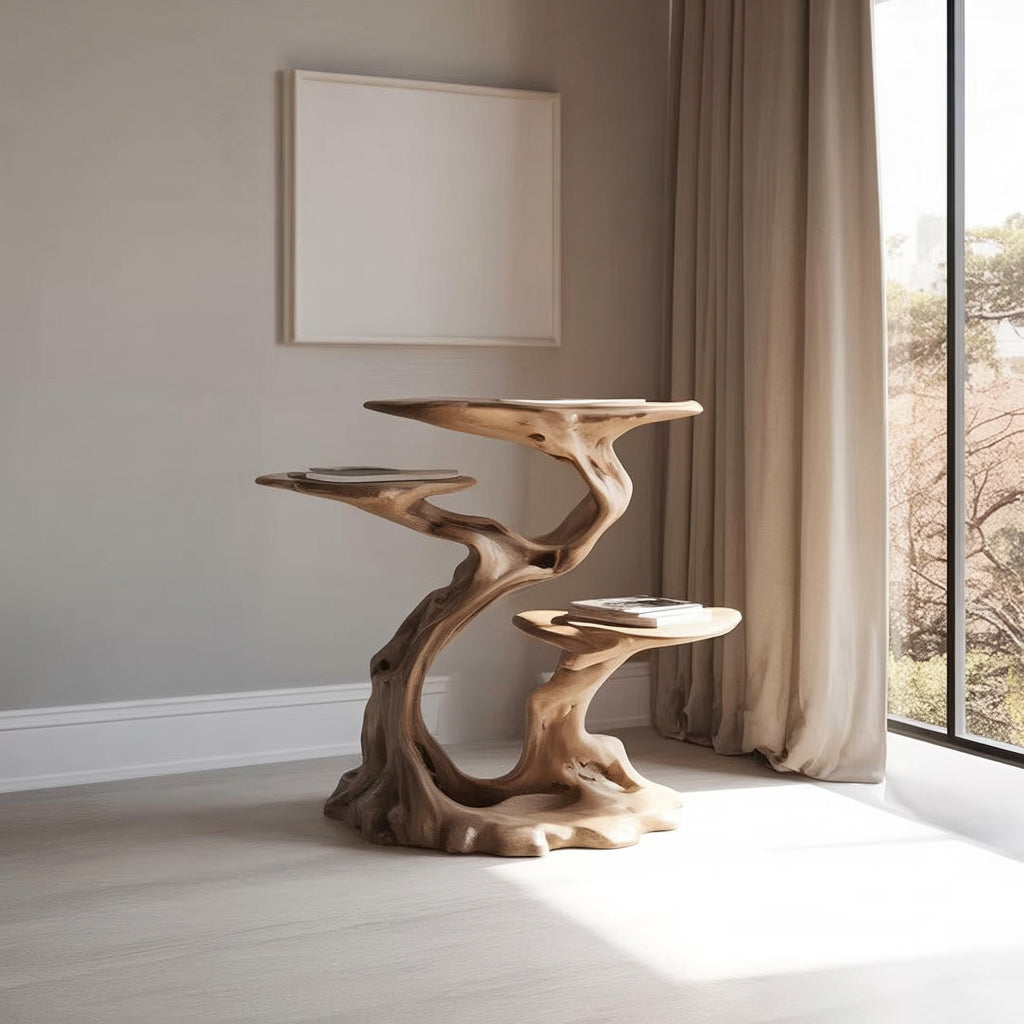 Organic live edge solid wood shelf with sculptural tree design in a modern living room