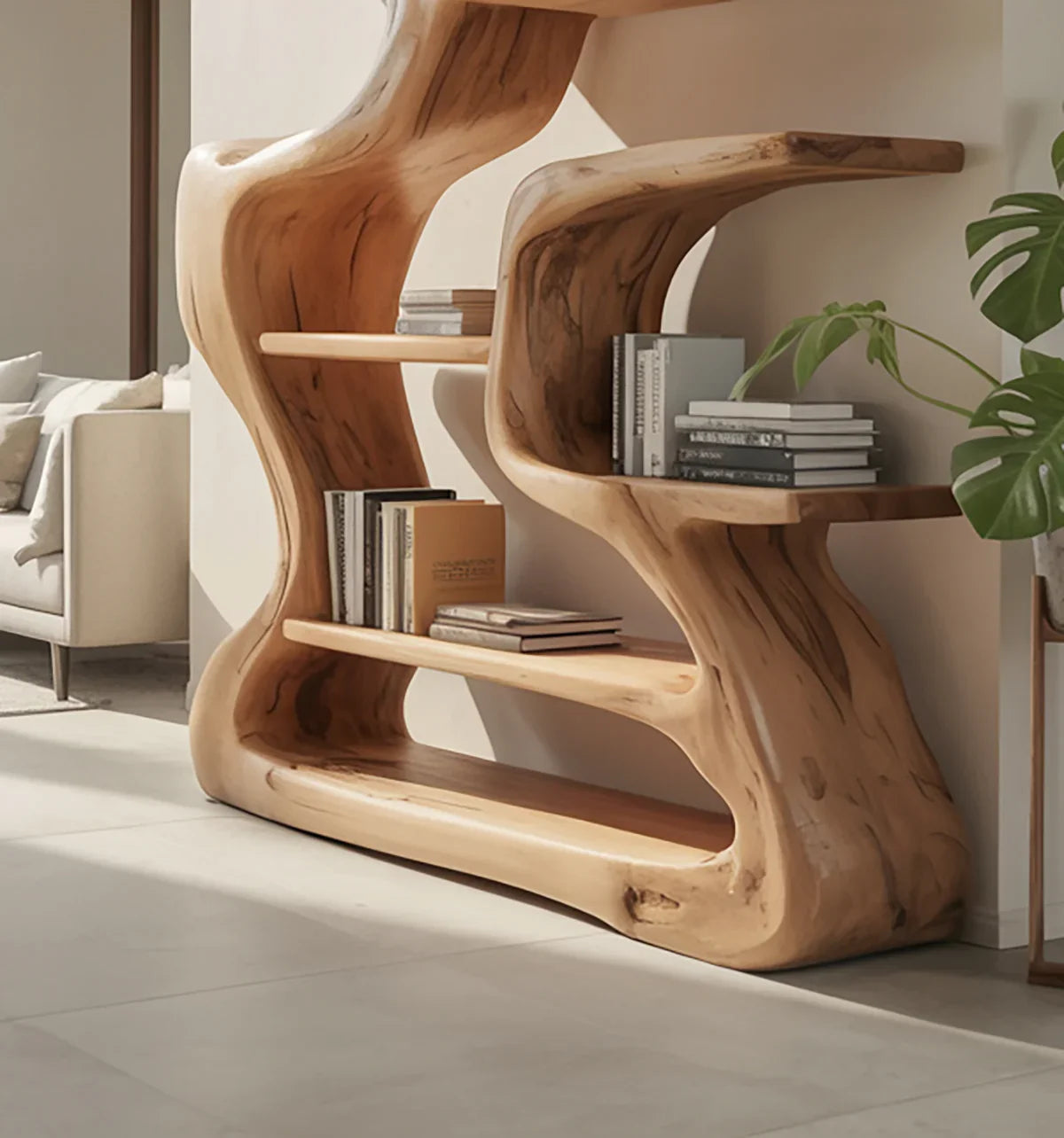Organic shaped wooden bookshelf with natural grain, modern living room setting with books and plant