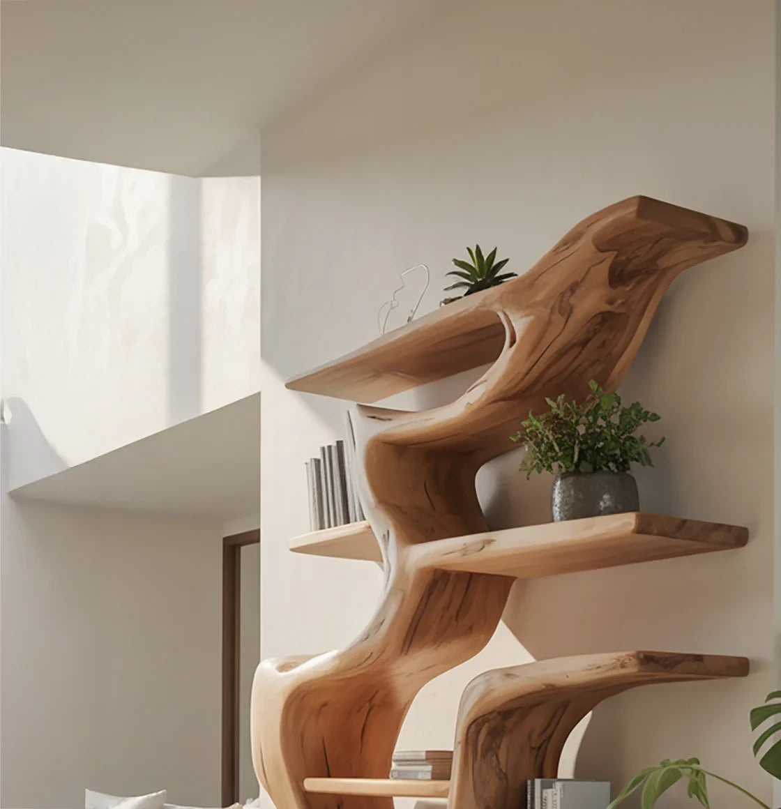 Modern living room featuring unique sculptural wooden shelves with decorative plants and books
