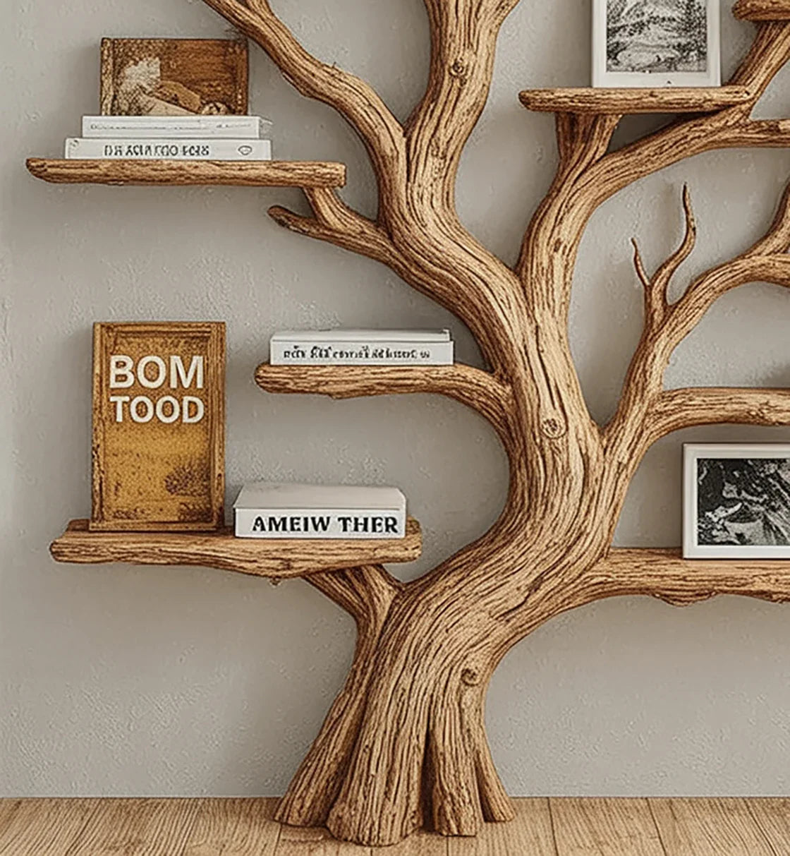 Wooden tree-shaped wall shelf with books and framed art against a beige wall