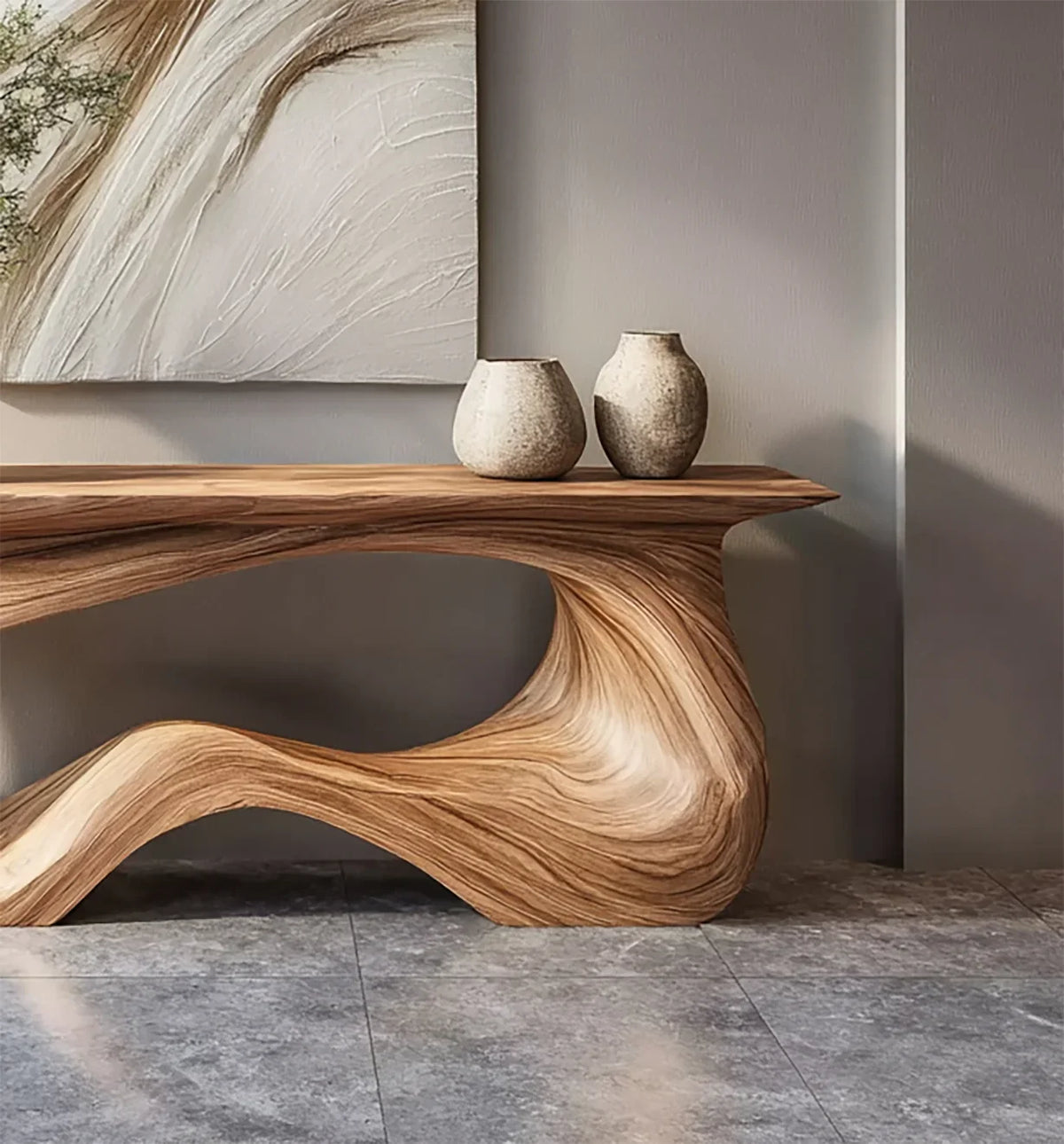 Modern wooden console table with curved design and two ceramic vases on gray tiled floor