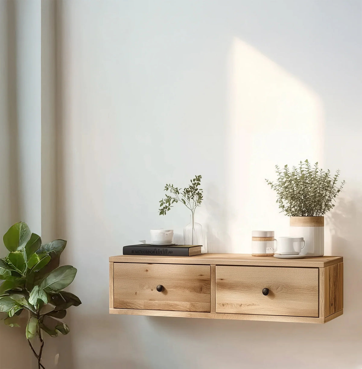 Modern solid wood floating shelf with drawers, plants, mugs, and books against a bright wall