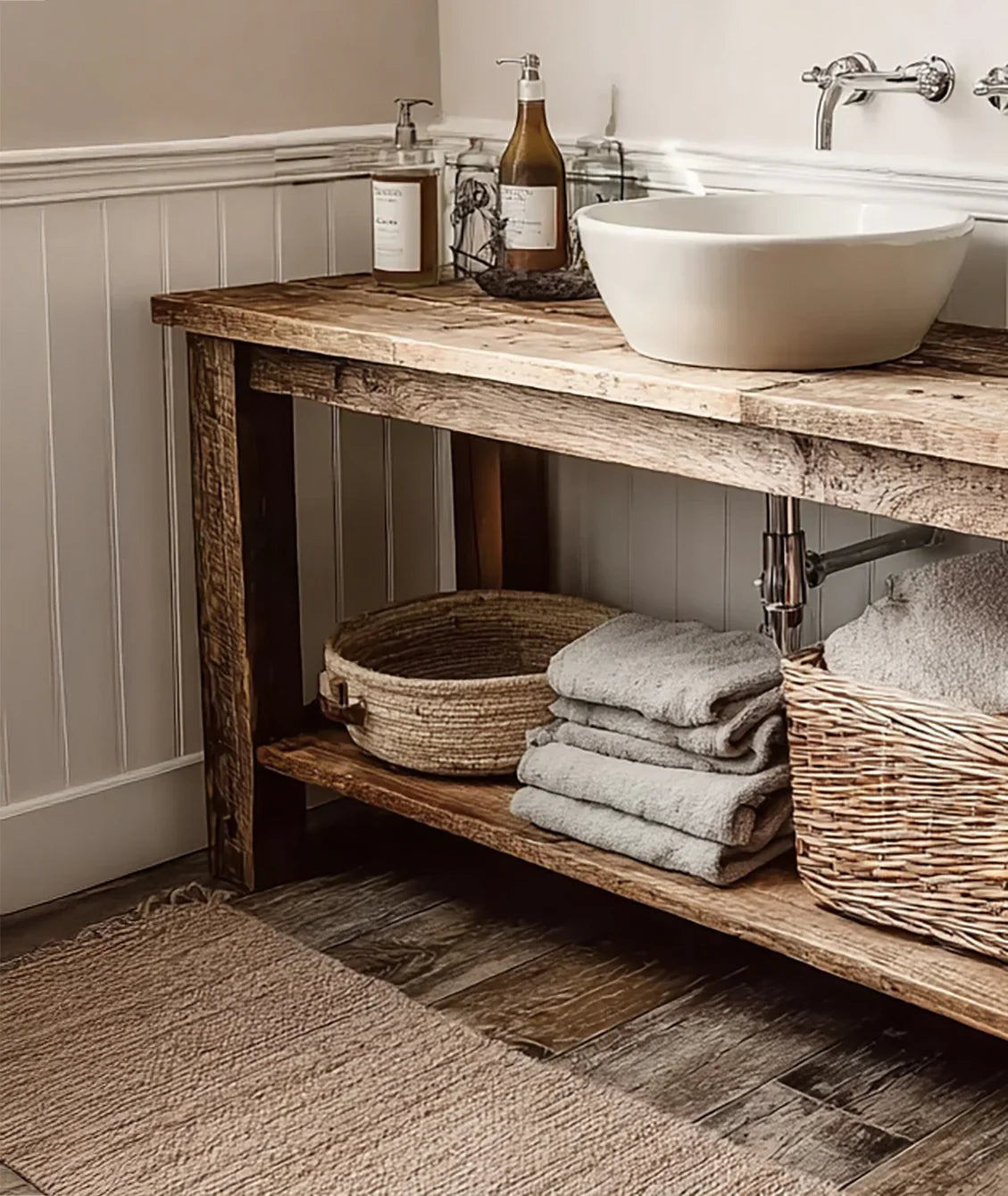 Rustic wooden bathroom vanity with white vessel sink, gray towels, wicker baskets, and soap dispensers