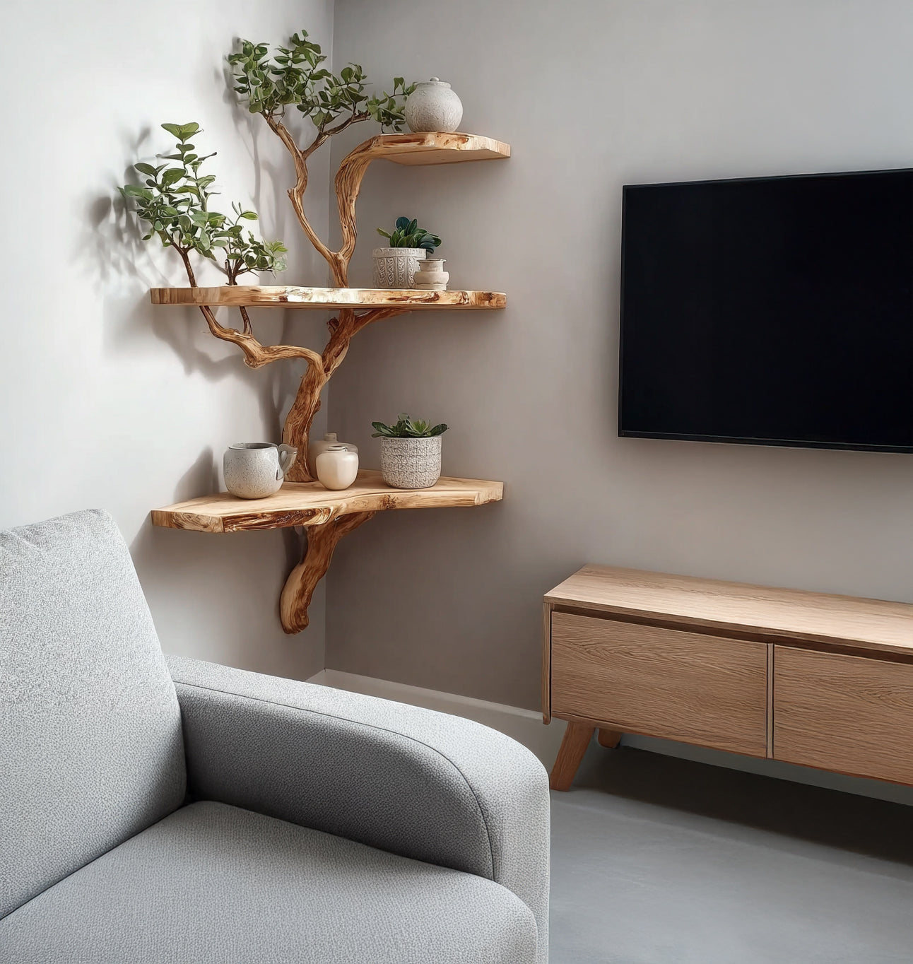 Modern living room with light gray armchair, wooden TV stand, and tree-inspired corner shelves with plants