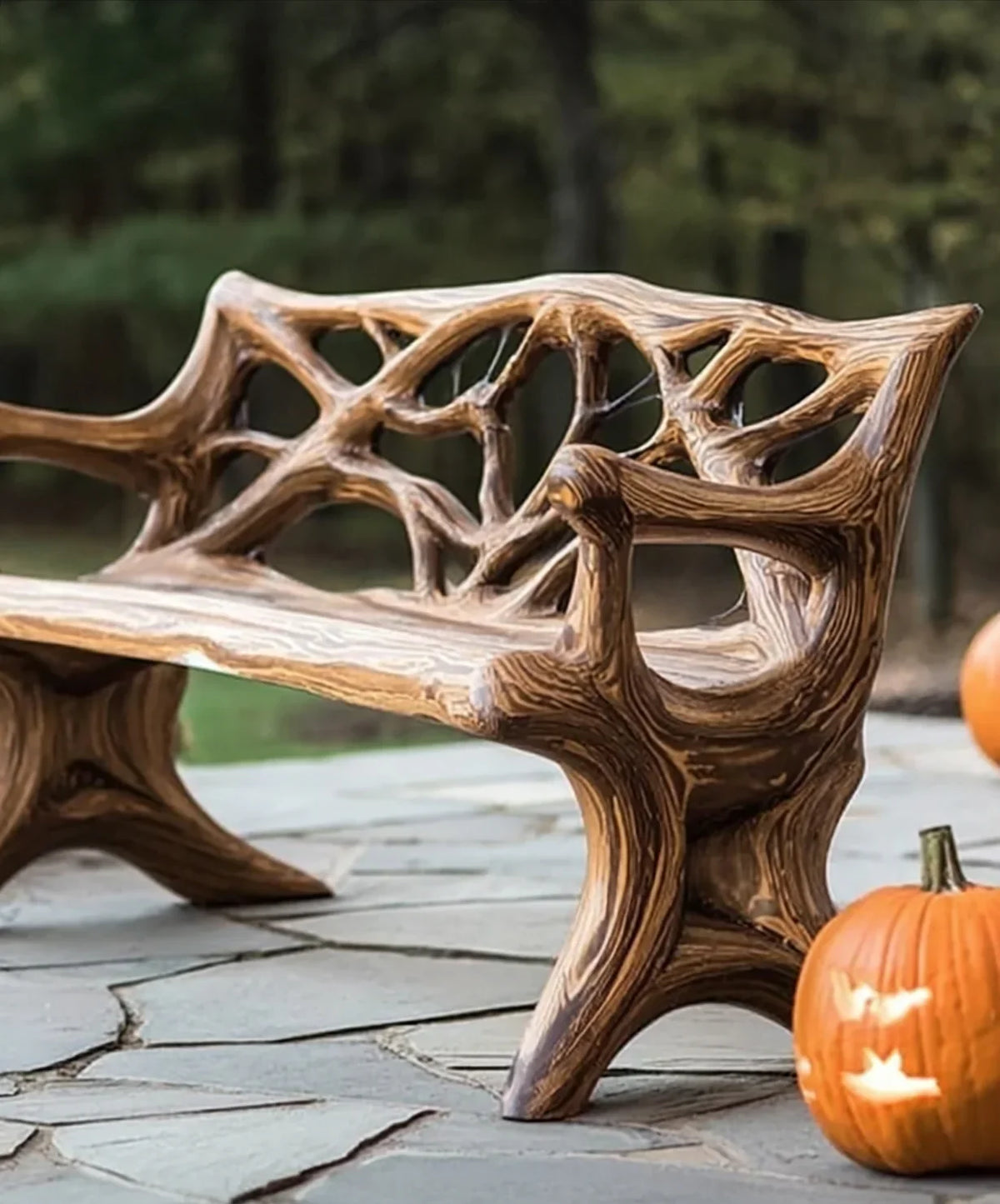 Rustic wooden bench with intricate branch design on stone patio, autumn outdoor setting with carved pumpkins