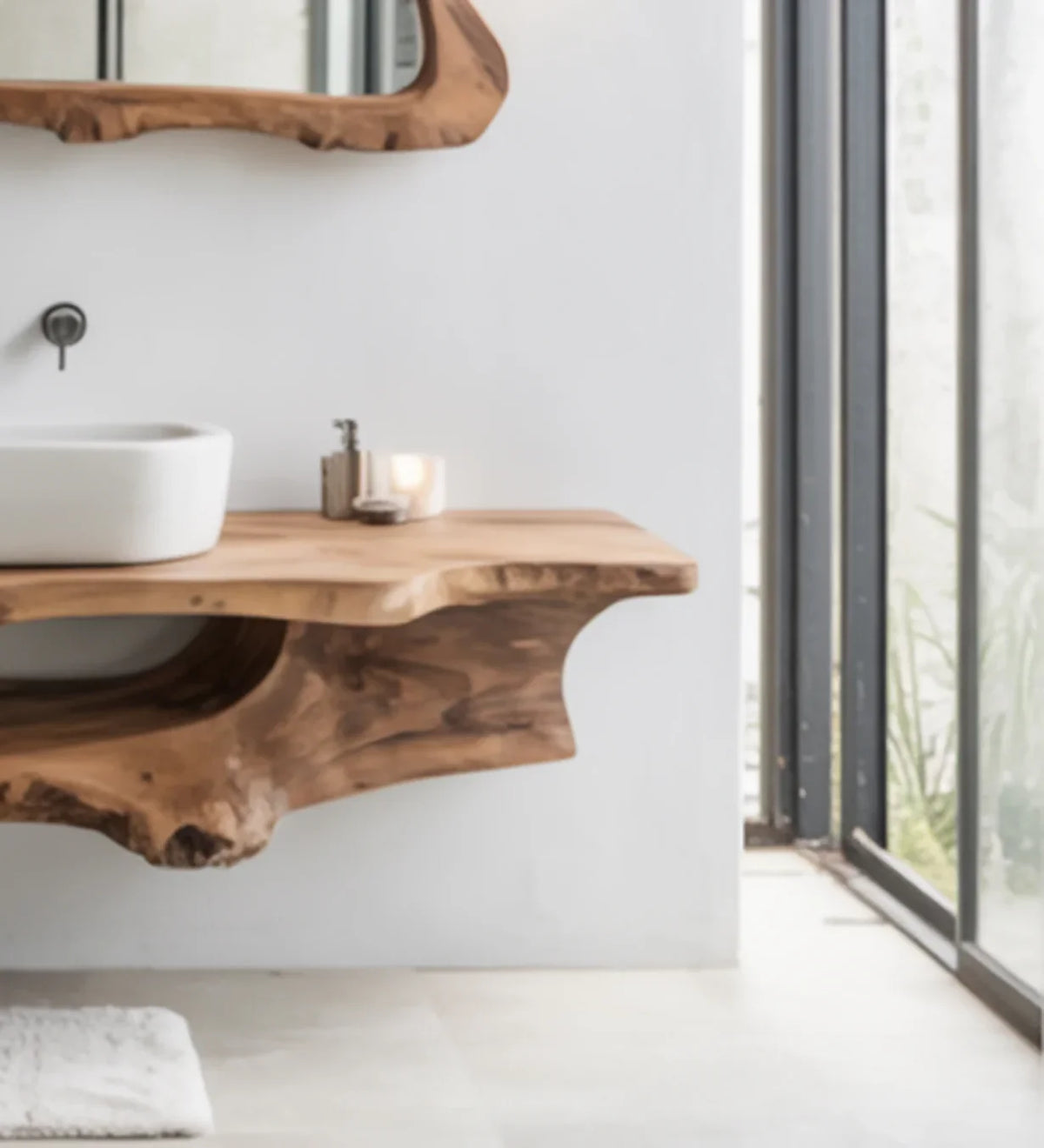 Modern bathroom with natural wood floating vanity, white vessel sink, and large glass window