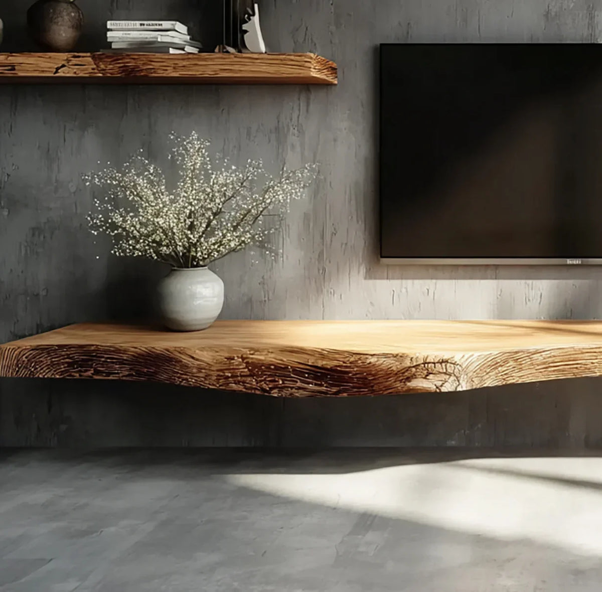 Live edge solid wood floating shelf under TV with vase of white flowers in modern living room