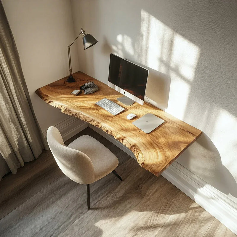 Modern home office with a live edge solid wood floating desk, computer, and neutral chair