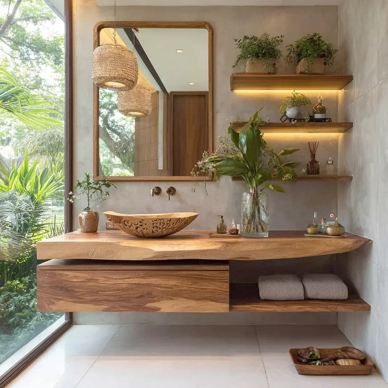 Modern bathroom with wooden countertop, carved sink, large mirror, hanging lamps and green plants