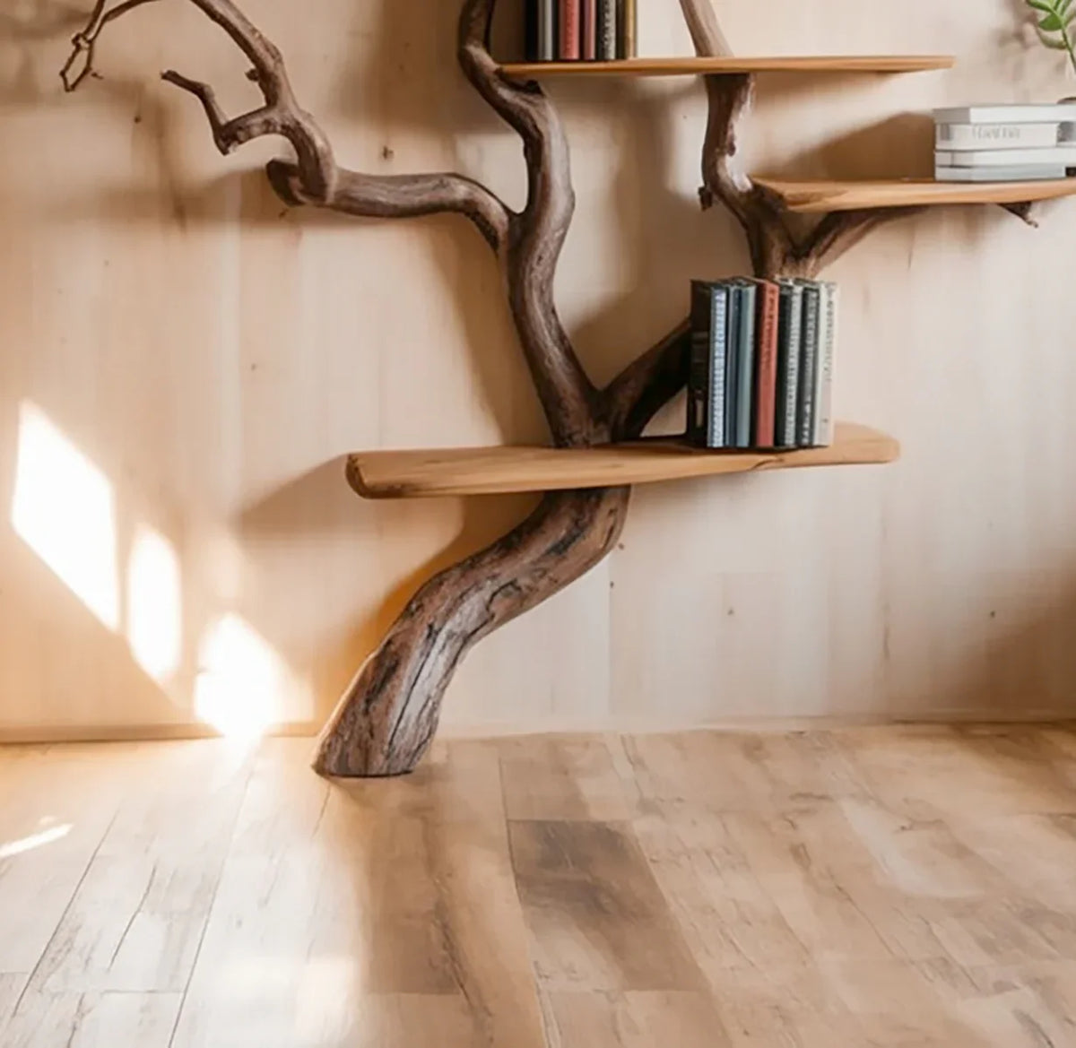 Live edge wooden tree bookshelf with books, mounted on a light wood wall, natural home decor