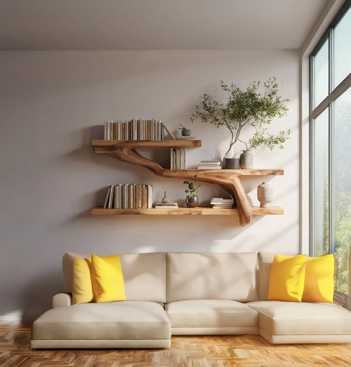Modern living room with beige sectional sofa, bright yellow pillows, natural wood branch shelves with books and plants